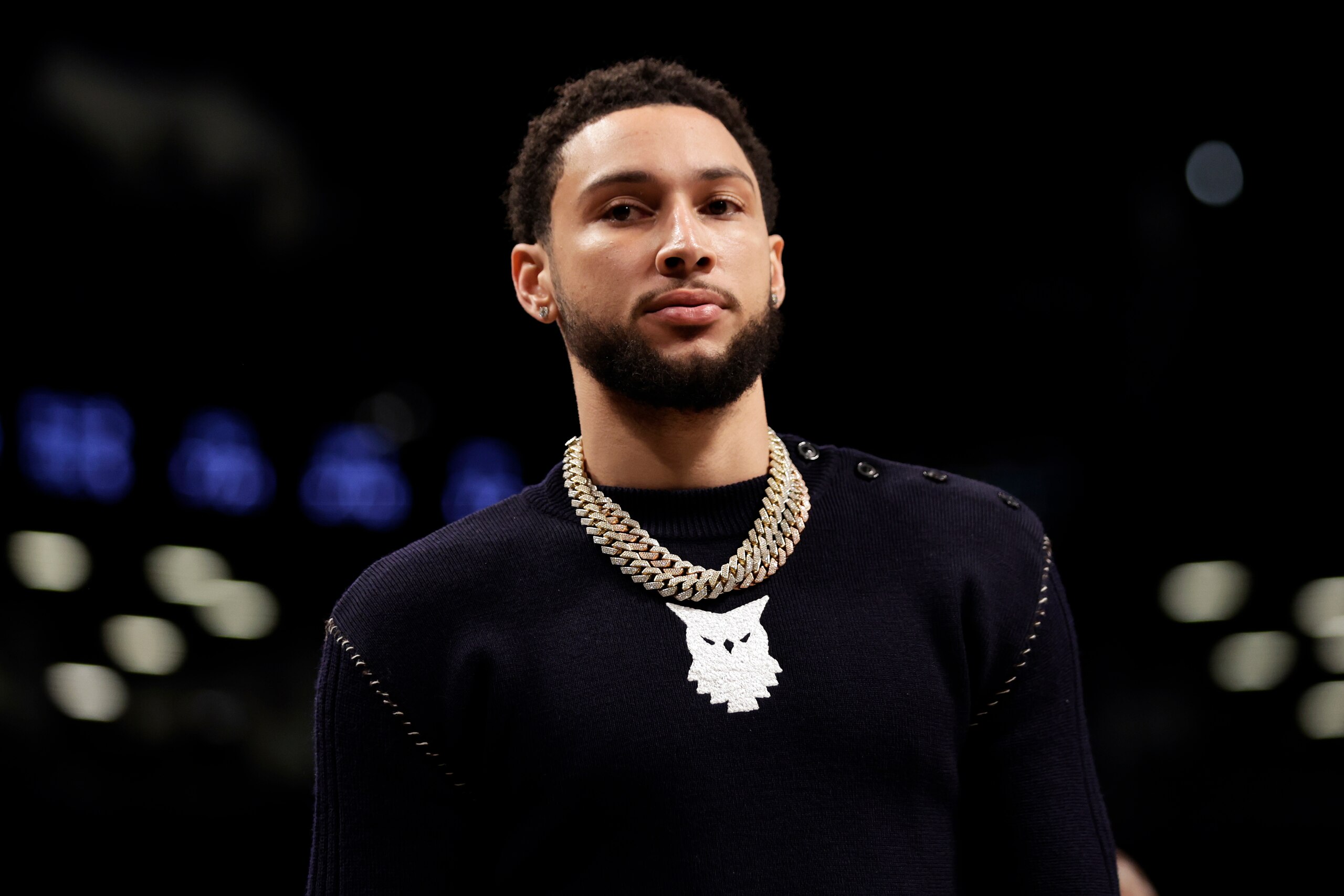 NEW YORK, NEW YORK - FEBRUARY 24: Ben Simmons #10 of the Brooklyn Nets looks on during the first half against the Boston Celtics at Barclays Center on February 24, 2022 in New York City. NOTE TO USER: User expressly acknowledges and agrees that, by downloading and or using this Photograph, user is consenting to the terms and conditions of the Getty Images License Agreement. (Photo by Adam Hunger/Getty Images)
