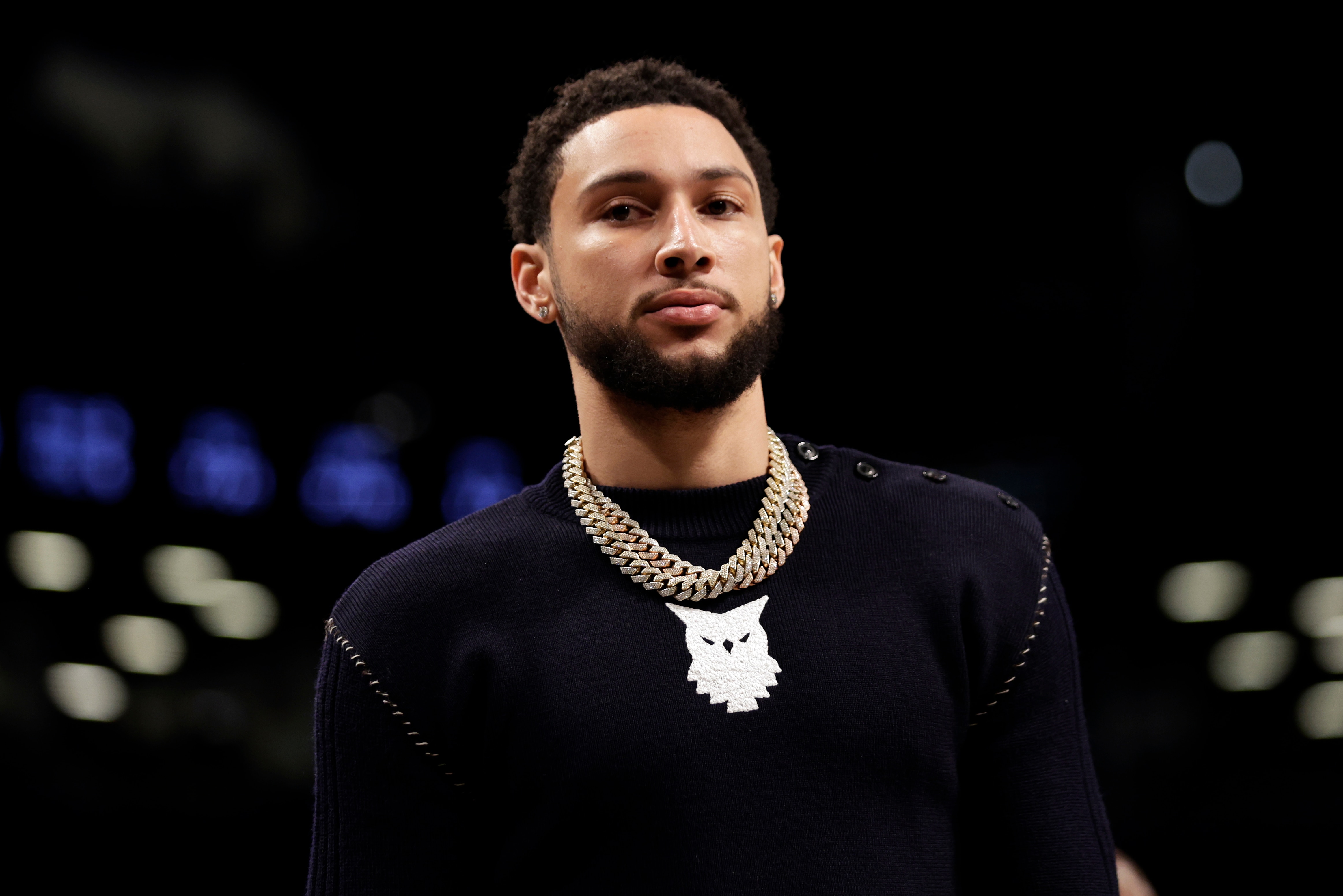 NEW YORK, NEW YORK - FEBRUARY 24: Ben Simmons #10 of the Brooklyn Nets looks on during the first half against the Boston Celtics at Barclays Center on February 24, 2022 in New York City. NOTE TO USER: User expressly acknowledges and agrees that, by downloading and or using this Photograph, user is consenting to the terms and conditions of the Getty Images License Agreement. (Photo by Adam Hunger/Getty Images)