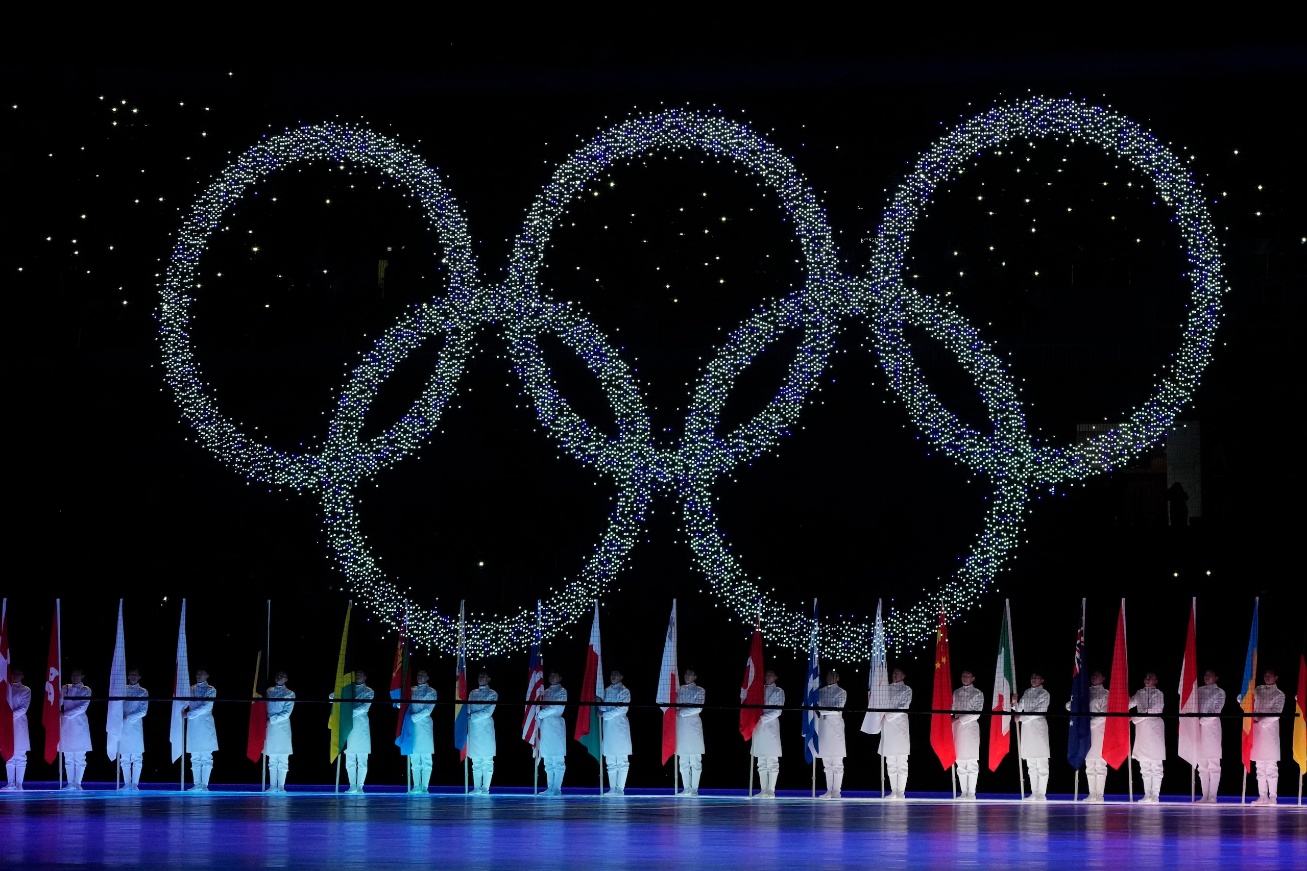 The Olympic rings during the closing ceremony of the 2022 Winter Olympics, Sunday, Feb. 20, 2022, in Beijing. (AP Photo/Natacha Pisarenko)