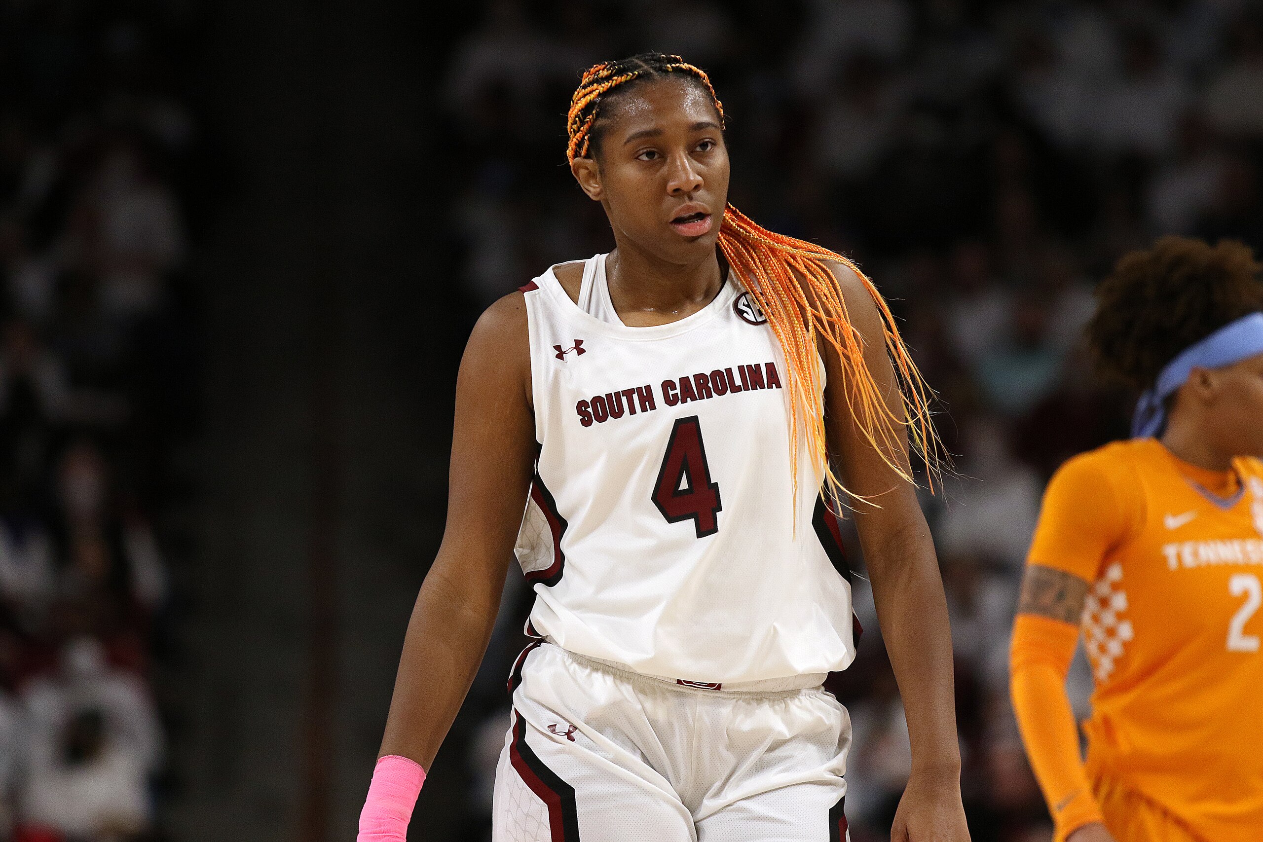 COLUMBIA, SC - FEBRUARY 20: South Carolina forward Aliyah Boston (4) during a women's college basketball game between the South Carolina Gamecocks and the Tennessee Lady Volunteers on February 20, 2022 at the Colonial Life Arena in Columbia, S.C. (Photo by John Byrum/Icon Sportswire via Getty Images)