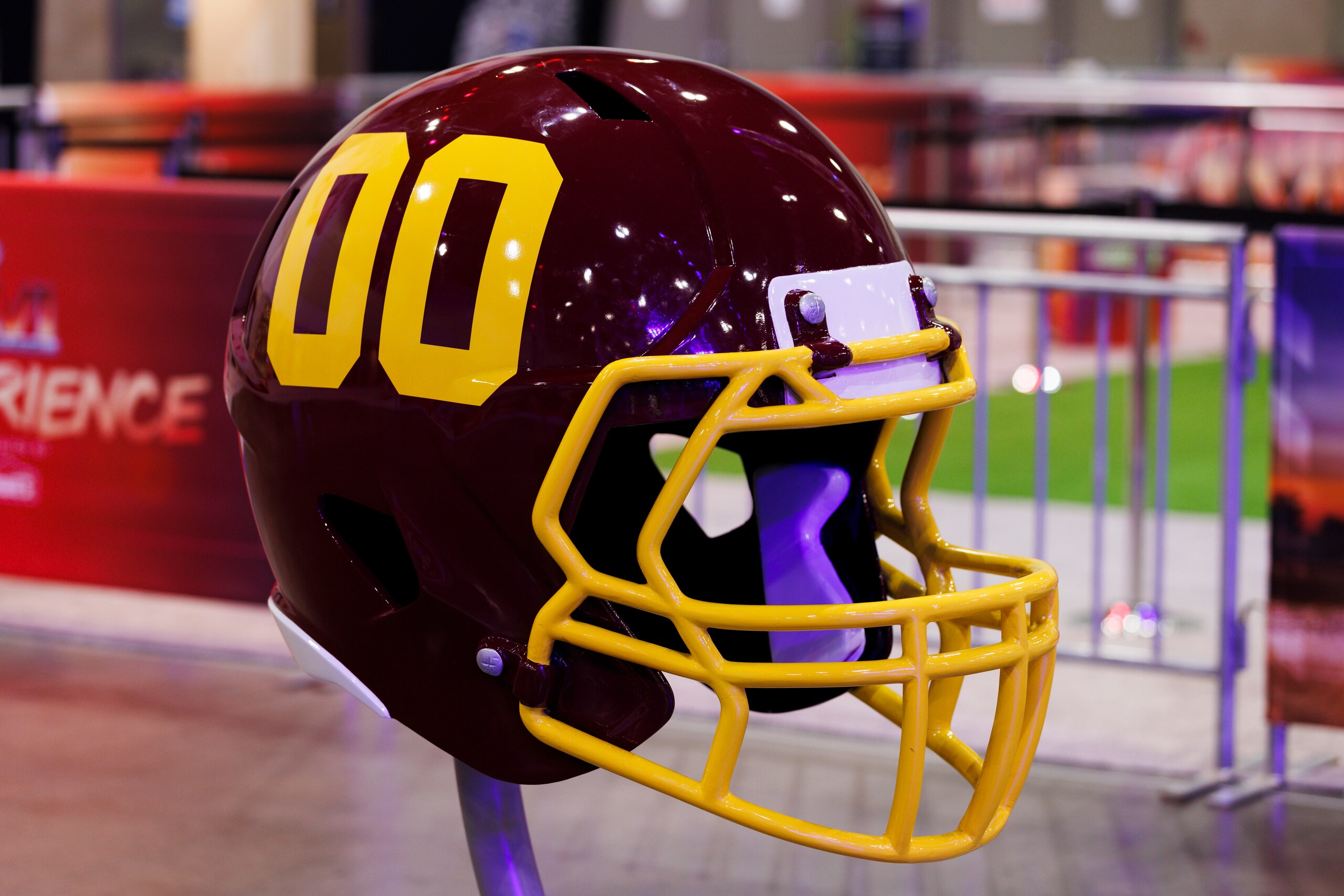 LOS ANGELES, CA - FEBRUARY 08: Detail view of the Washington Football Team helmet at the Super Bowl Experience on February 08, 2022, at the Los Angeles Convention Center in Los Angeles, CA. (Photo by Ric Tapia/Icon Sportswire via Getty Images)