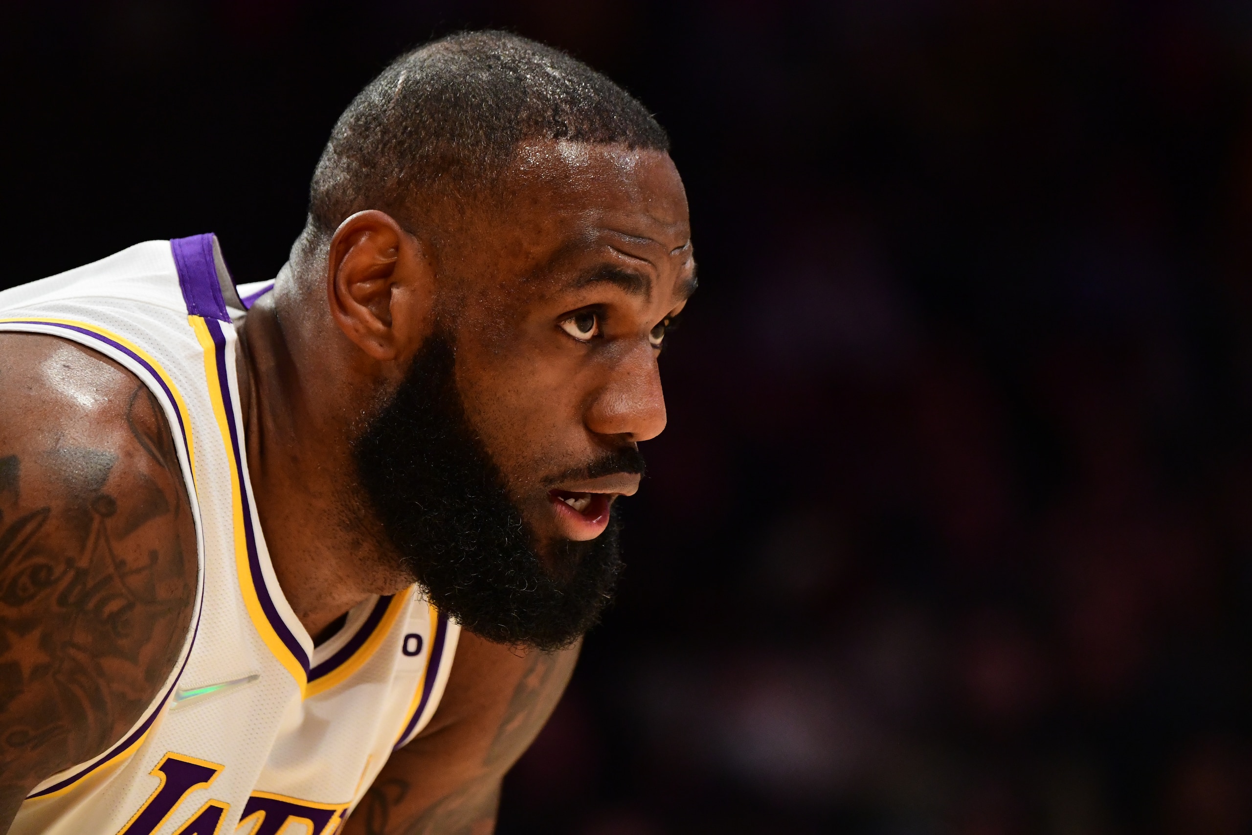 LOS ANGELES, CA - FEBRUARY 27: LeBron James #6 of the Los Angeles Lakers looks on during the game against the New Orleans Pelicans on February 27, 2022 at Crypto.Com Arena in Los Angeles, California. NOTE TO USER: User expressly acknowledges and agrees that, by downloading and/or using this Photograph, user is consenting to the terms and conditions of the Getty Images License Agreement. Mandatory Copyright Notice: Copyright 2022 NBAE (Photo by Adam Pantozzi/NBAE via Getty Images)