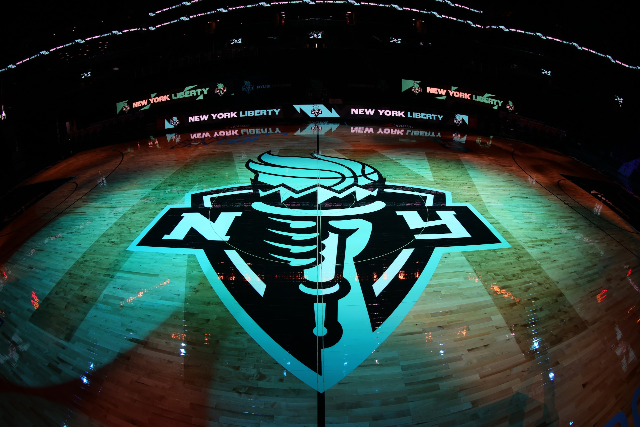 BROOKLYN, NY - MAY 14:  A close up shot of the New York Liberty logo before the game against the Indiana Fever on May 14, 2021 at Barclays Center in Brooklyn, New York. NOTE TO USER: User expressly acknowledges and agrees that, by downloading and or using this Photograph, user is consenting to the terms and conditions of the Getty Images License Agreement. Mandatory Copyright Notice: Copyright 2021 NBAE (Photo by Nathaniel S. Butler/NBAE via Getty Images)