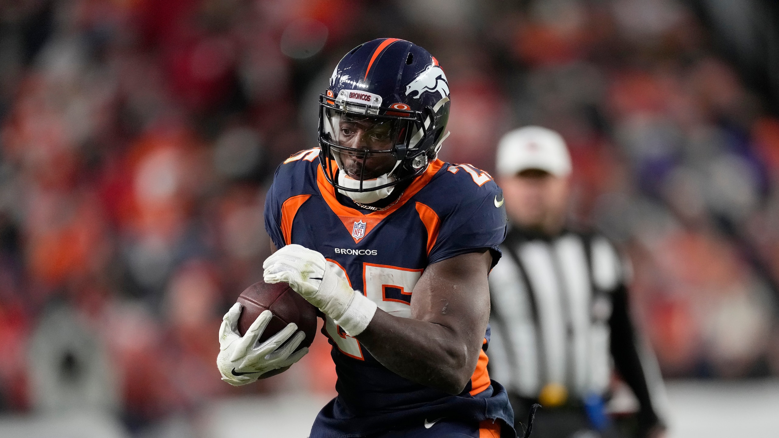 Denver Broncos running back Melvin Gordon III against the Kansas City Chiefs during an NFL football game Saturday, Jan. 8, 2022, in Denver. (AP Photo/David Zalubowski)