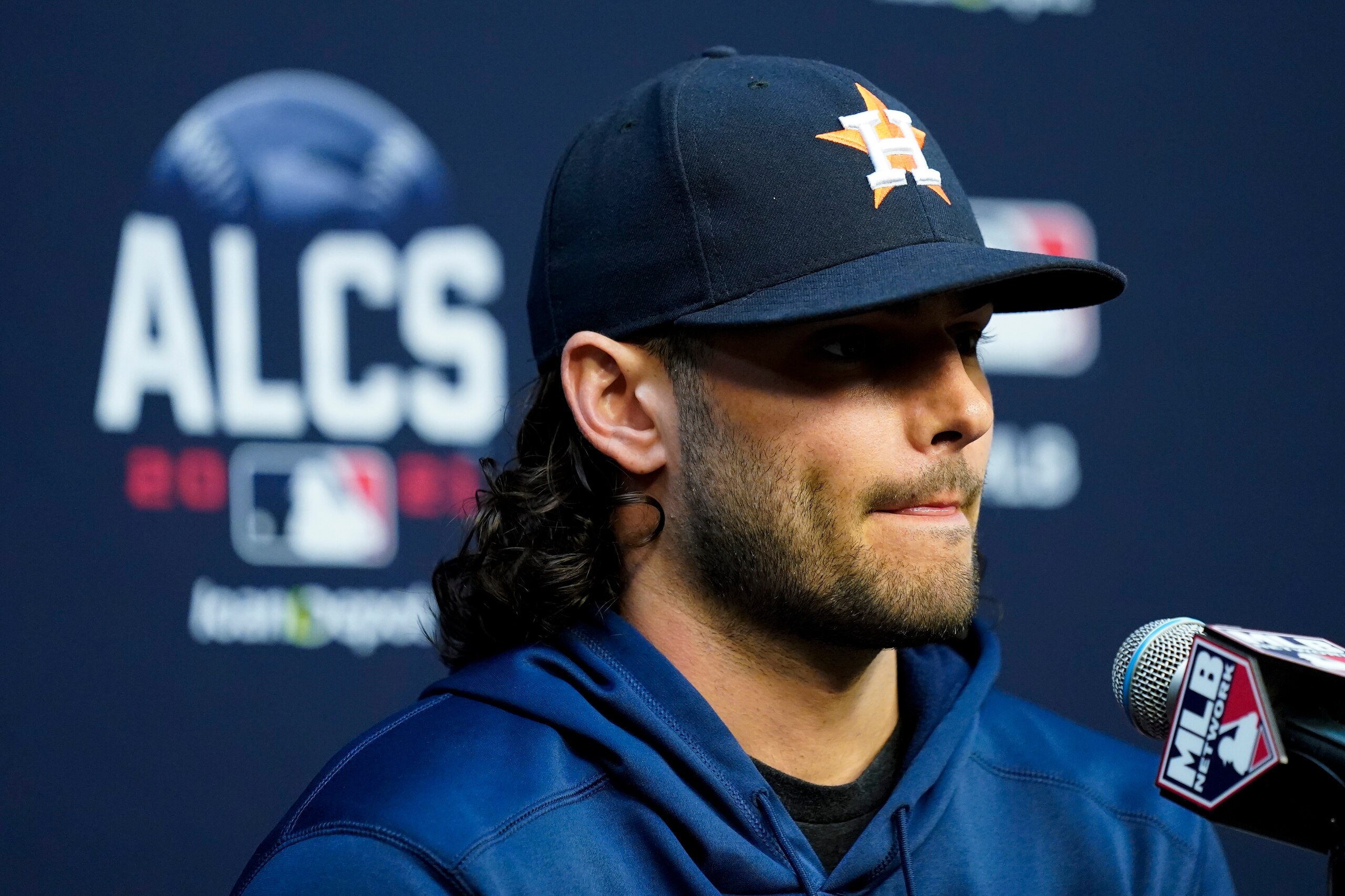Houston Astros starting pitcher Lance McCullers Jr. speaks during a news conference before Game 2 of baseball's American League Championship Series against the Boston Red Sox Saturday, Oct. 16, 2021, in Houston. (AP Photo/David J. Phillip)