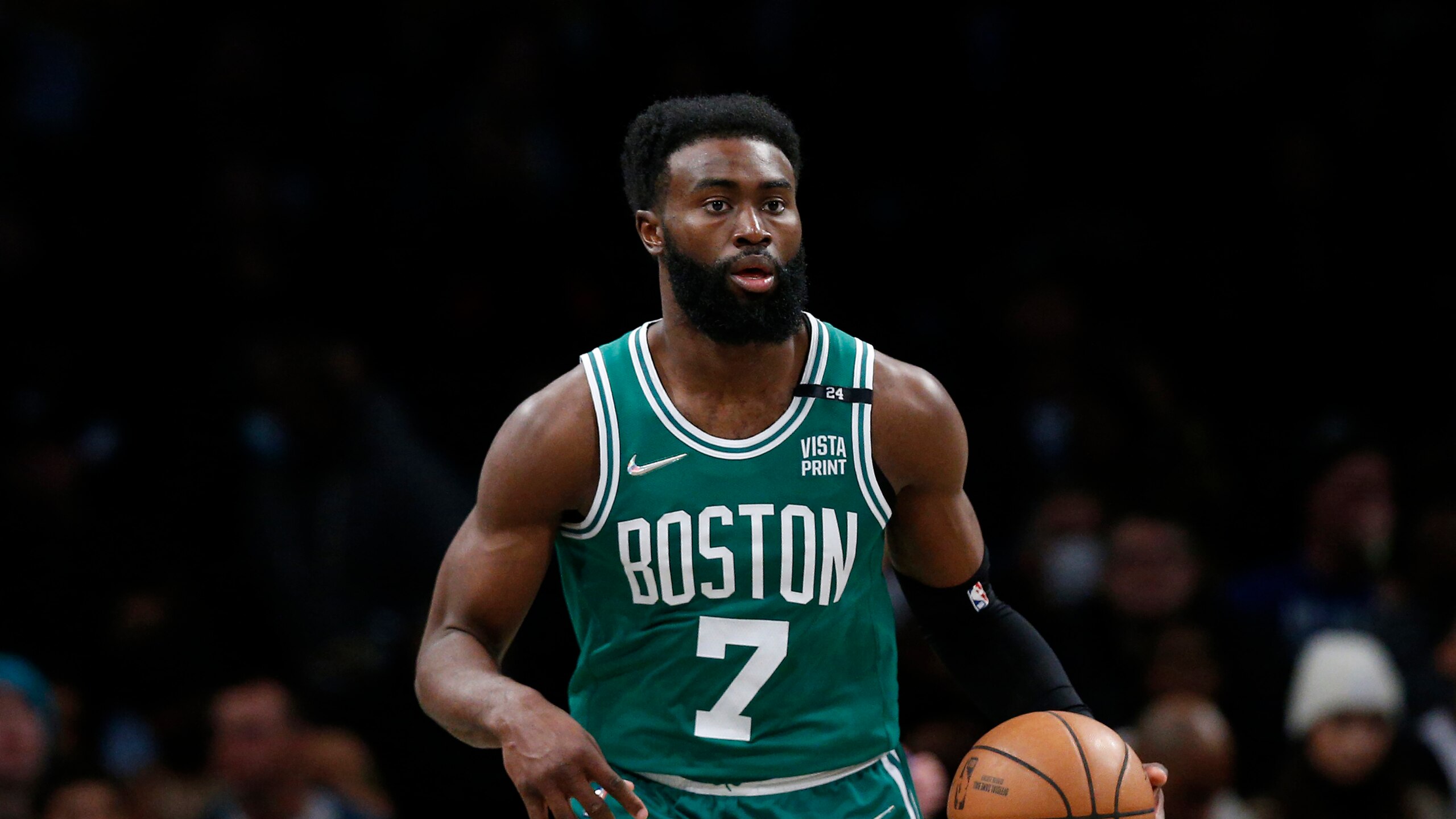 Boston Celtics guard Jaylen Brown (7) dribbles the ball against the Brooklyn Nets during the second half of an NBA basketball game, Thursday, Feb. 24, 2022 in New York. The Boston Celtics won 129-106. (AP Photo/Noah K. Murray) Boston Celtics guard Jaylen Brown (7) dribbles the ball against the Brooklyn Nets during the second half of an NBA basketball game, Thursday, Feb. 24, 2022 in New York. The Boston Celtics won 129-106. (AP Photo/Noah K. Murray)
