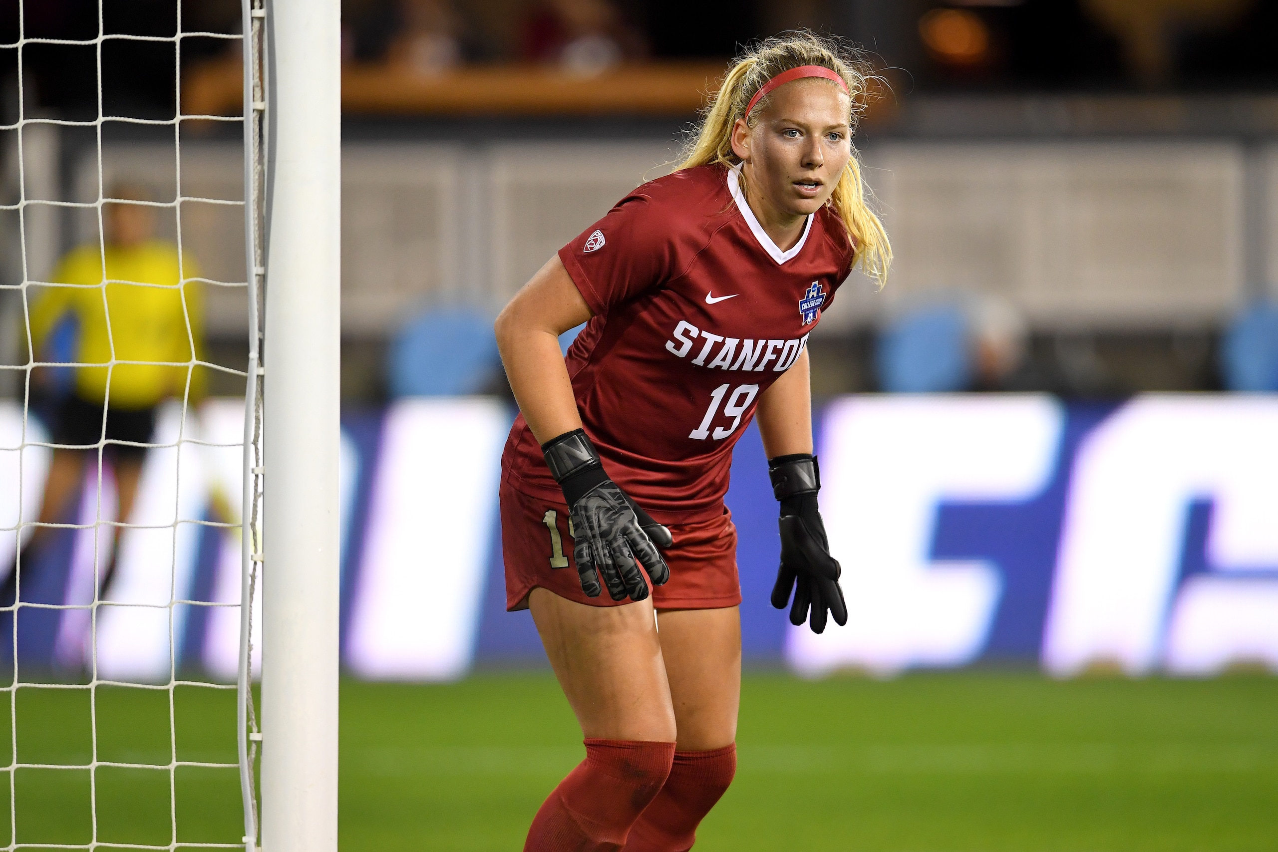 SAN JOSE, CA - DECEMBER 08: Katie Meyer #19 of the Stanford Cardinal defends the goal against the North Carolina Tar Heels during the Division I Women's Soccer Championship held at Avaya Stadium on December 8, 2019 in San Jose, California. Stanford defeated North Carolina in a shootout. (Photo by Jamie Schwaberow/NCAA Photos via Getty Images)