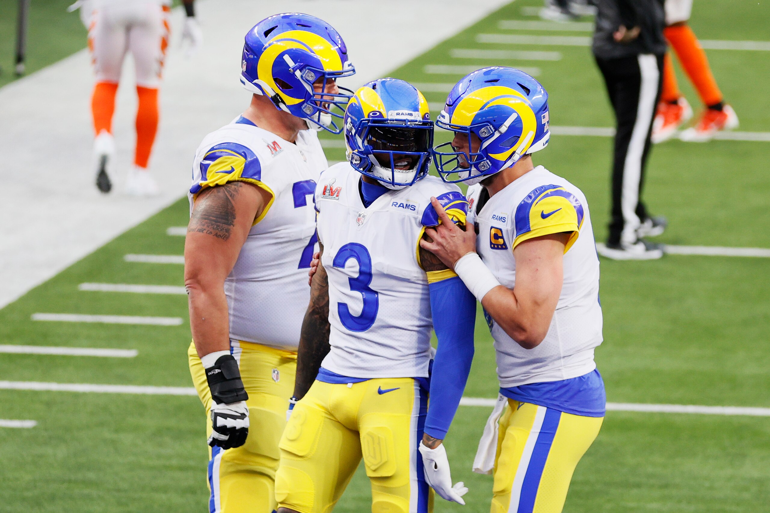 INGLEWOOD, CALIFORNIA - FEBRUARY 13: Odell Beckham Jr. #3 of the Los Angeles Rams reacts after scoring a touchdown with teammate Matthew Stafford #9 during Super Bowl LVI at SoFi Stadium on February 13, 2022 in Inglewood, California. The Los Angeles Rams defeated the Cincinnati Bengals 23-20. (Photo by Steph Chambers/Getty Images) INGLEWOOD, CALIFORNIA - FEBRUARY 13: Odell Beckham Jr. #3 of the Los Angeles Rams reacts after scoring a touchdown with teammate Matthew Stafford #9 during Super Bowl LVI at SoFi Stadium on February 13, 2022 in Inglewood, California. The Los Angeles Rams defeated the Cincinnati Bengals 23-20. (Photo by Steph Chambers/Getty Images)