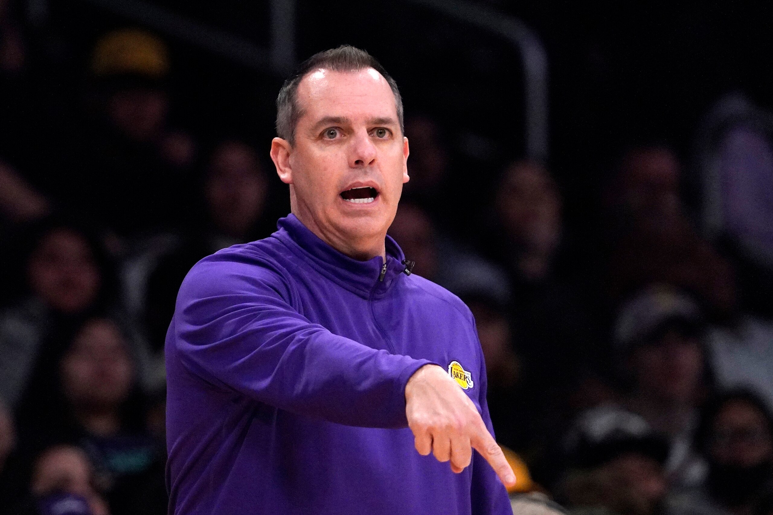 Los Angeles Lakers head coach Frank Vogel gestures during the second half of an NBA basketball game against the New Orleans Pelicans Sunday, Feb. 27, 2022, in Los Angeles. (AP Photo/Mark J. Terrill) Los Angeles Lakers head coach Frank Vogel gestures during the second half of an NBA basketball game against the New Orleans Pelicans Sunday, Feb. 27, 2022, in Los Angeles. (AP Photo/Mark J. Terrill)