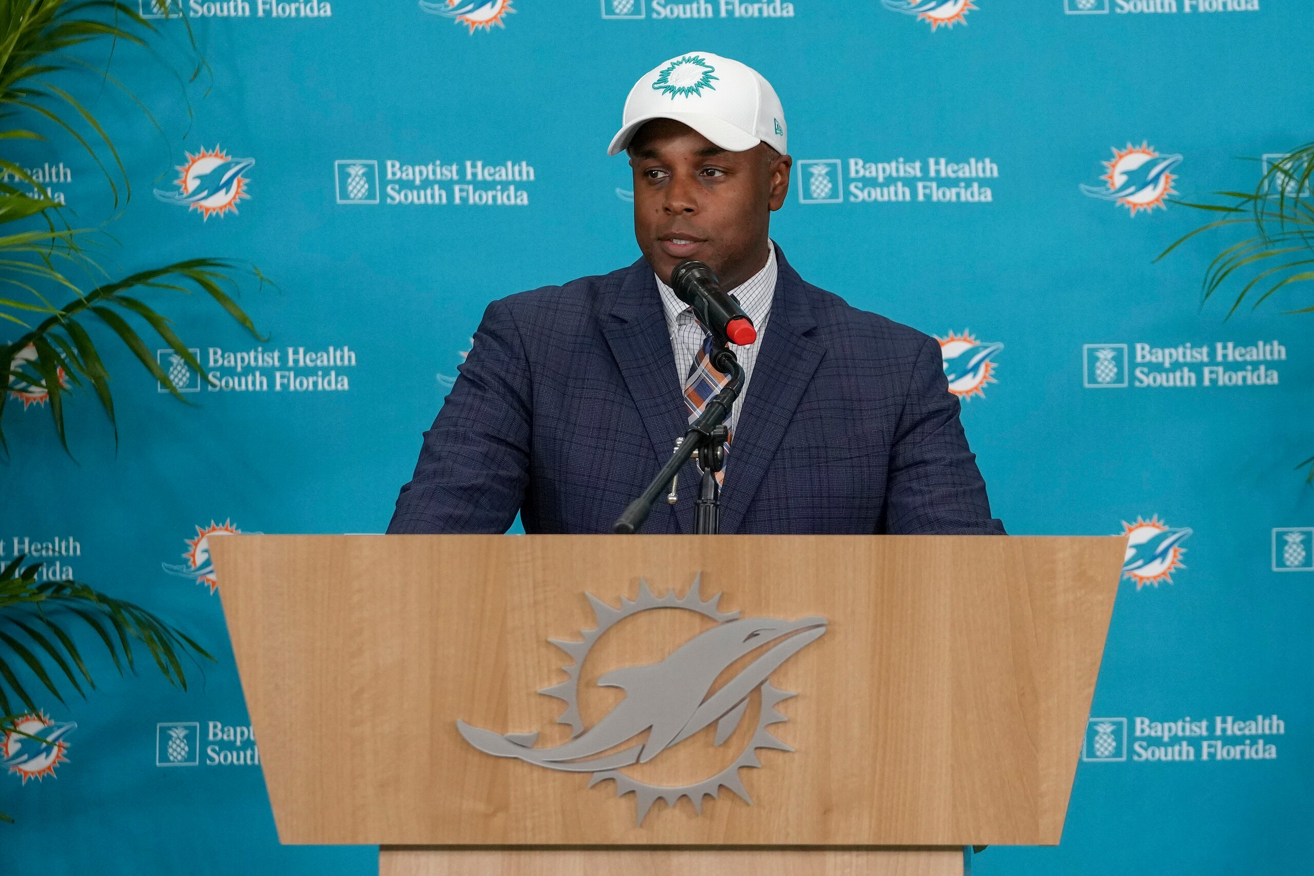 MIAMI GARDENS, FLORIDA - FEBRUARY 10: Miami Dolphins general manager Chris Grier talks to the media during a press conference at Baptist Health Training Complex on February 10, 2022 in Miami Gardens, Florida. McDaniel will be replacing the Dolphins' former head coach Brian Flores, who was fired on January 10 after back-to-back winning seasons. (Photo by Eric Espada/Getty Images) MIAMI GARDENS, FLORIDA - FEBRUARY 10: Miami Dolphins general manager Chris Grier talks to the media during a press conference at Baptist Health Training Complex on February 10, 2022 in Miami Gardens, Florida. McDaniel will be replacing the Dolphins' former head coach Brian Flores, who was fired on January 10 after back-to-back winning seasons. (Photo by Eric Espada/Getty Images)