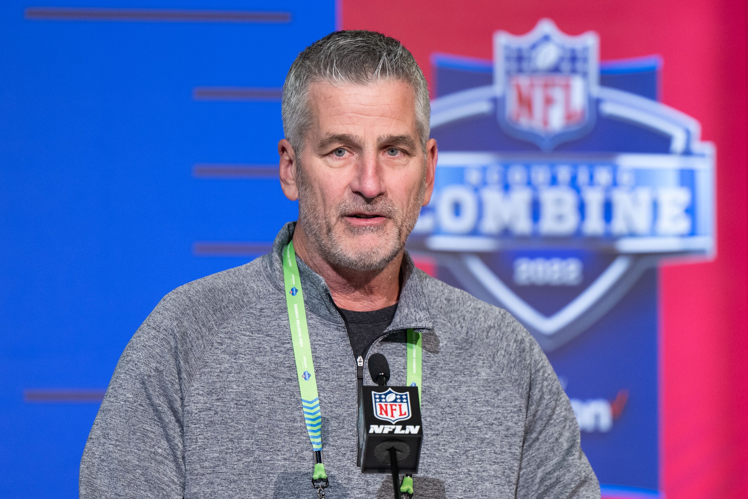 INDIANAPOLIS, IN - MARCH 01: Indianapolis Colts head coach Frank Reich answers questions from the media during the NFL Scouting Combine on March 1, 2022, at the Indiana Convention Center in Indianapolis, IN. (Photo by Zach Bolinger/Icon Sportswire via Getty Images)