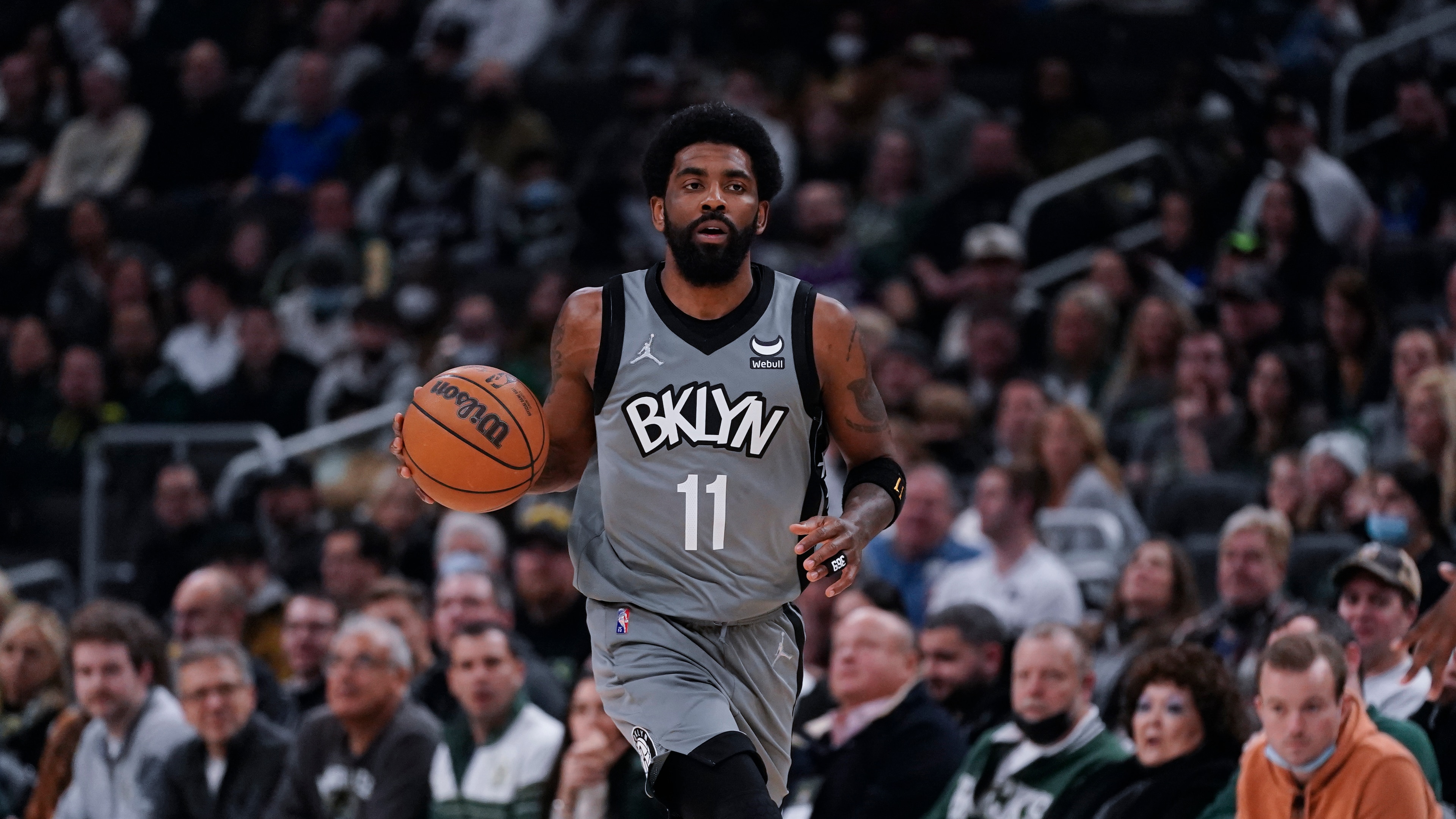 Brooklyn Nets' Kyrie Irving during the first half of an NBA basketball game against the Milwaukee Bucks Saturday, Feb. 26, 2022, in Milwaukee. (AP Photo/Morry Gash)