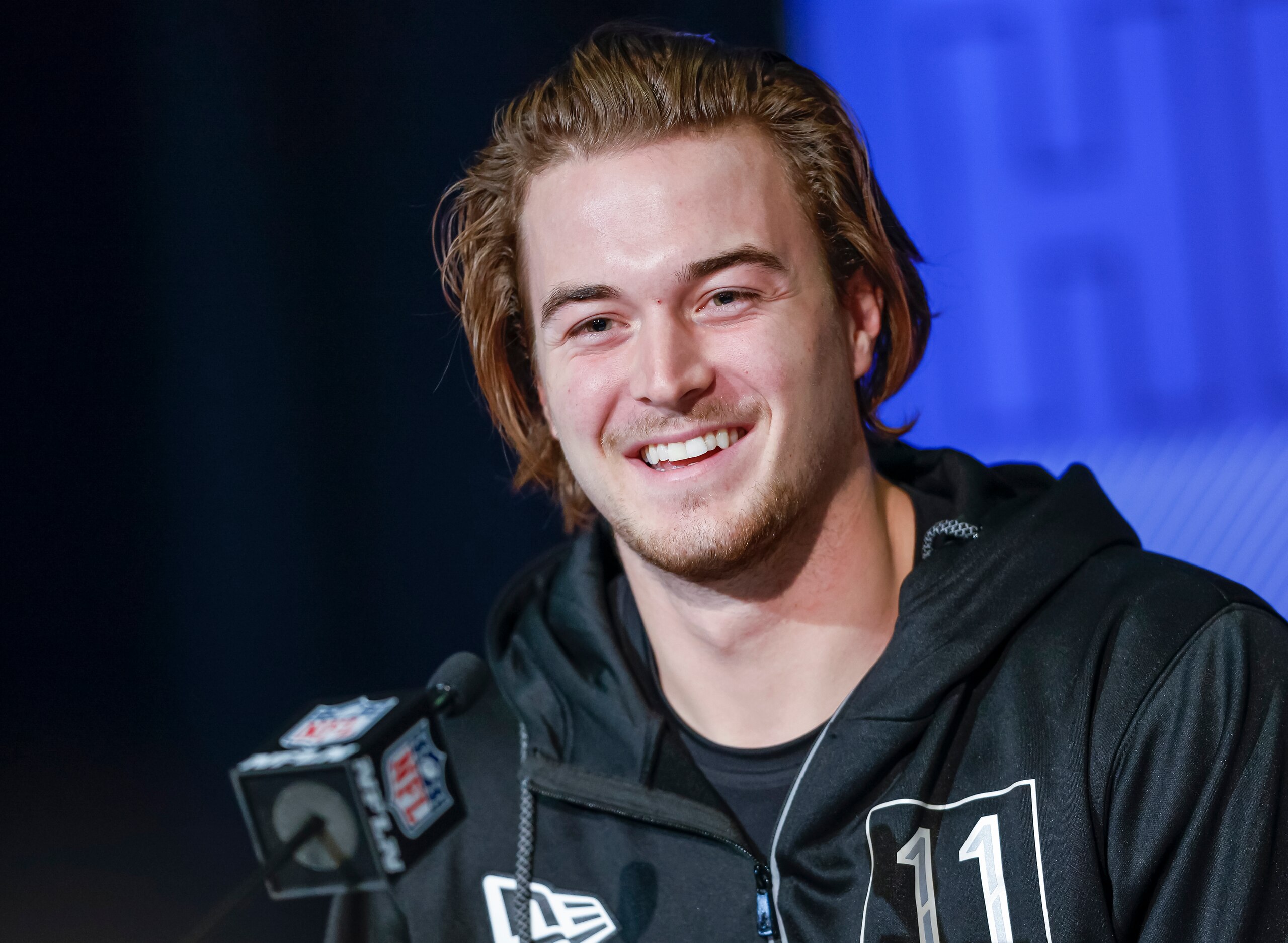 INDIANAPOLIS, IN - MAR 02: Kenny Pickett #QB11 of the Pittsburgh Panthers speaks to reporters during the NFL Draft Combine at the Indiana Convention Center on March 2, 2022 in Indianapolis, Indiana. (Photo by Michael Hickey/Getty Images)
