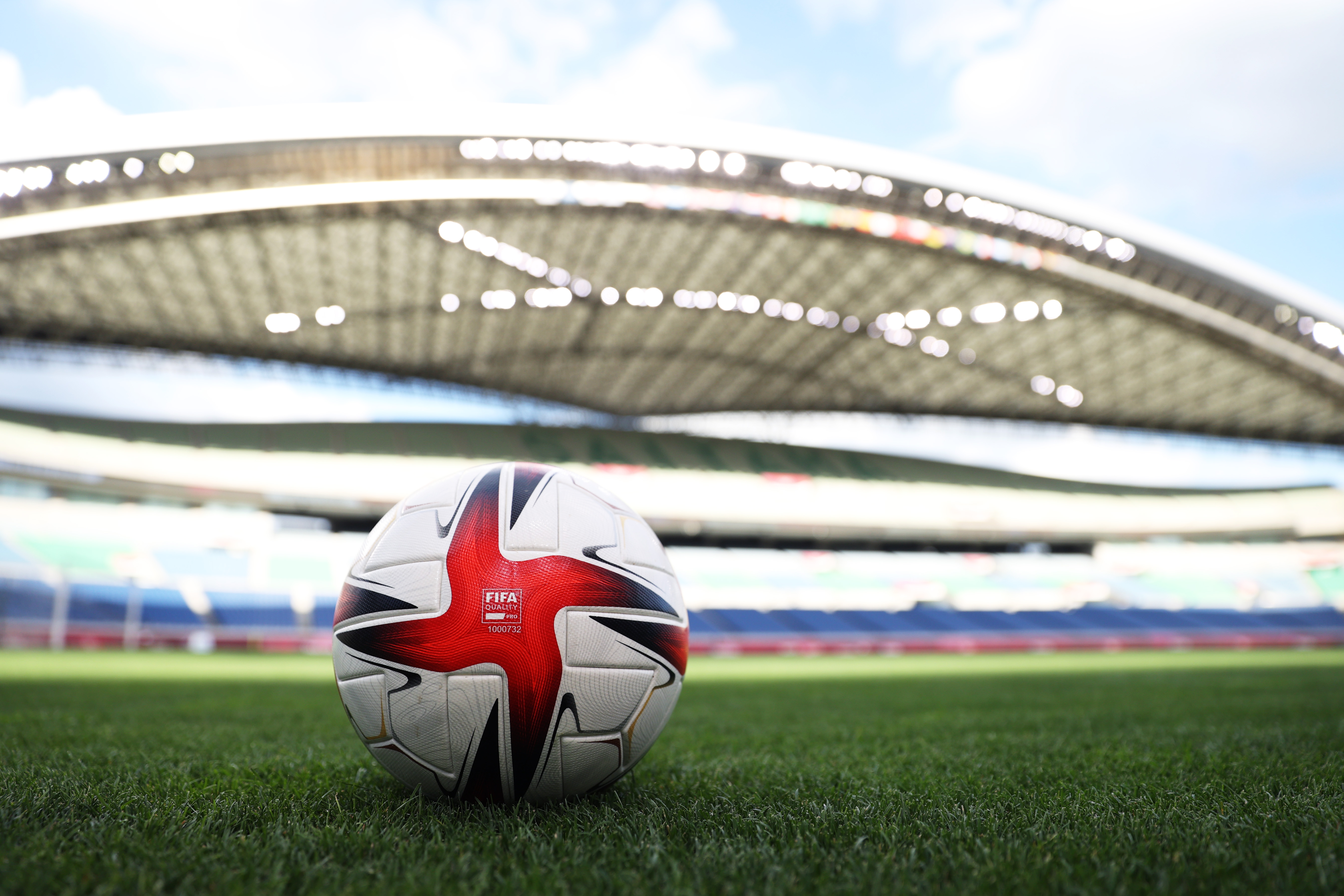 SAITAMA, JAPAN - AUGUST 06: A general view of a FIFA logo on a ball inside the stadium prior to the Men's Bronze Medal Match between Mexico and Japan on day fourteen of the Tokyo 2020 Olympic Games at Saitama Stadium on August 06, 2021 in Saitama, Tokyo, Japan. (Photo by Masashi Hara - FIFA/FIFA via Getty Images)