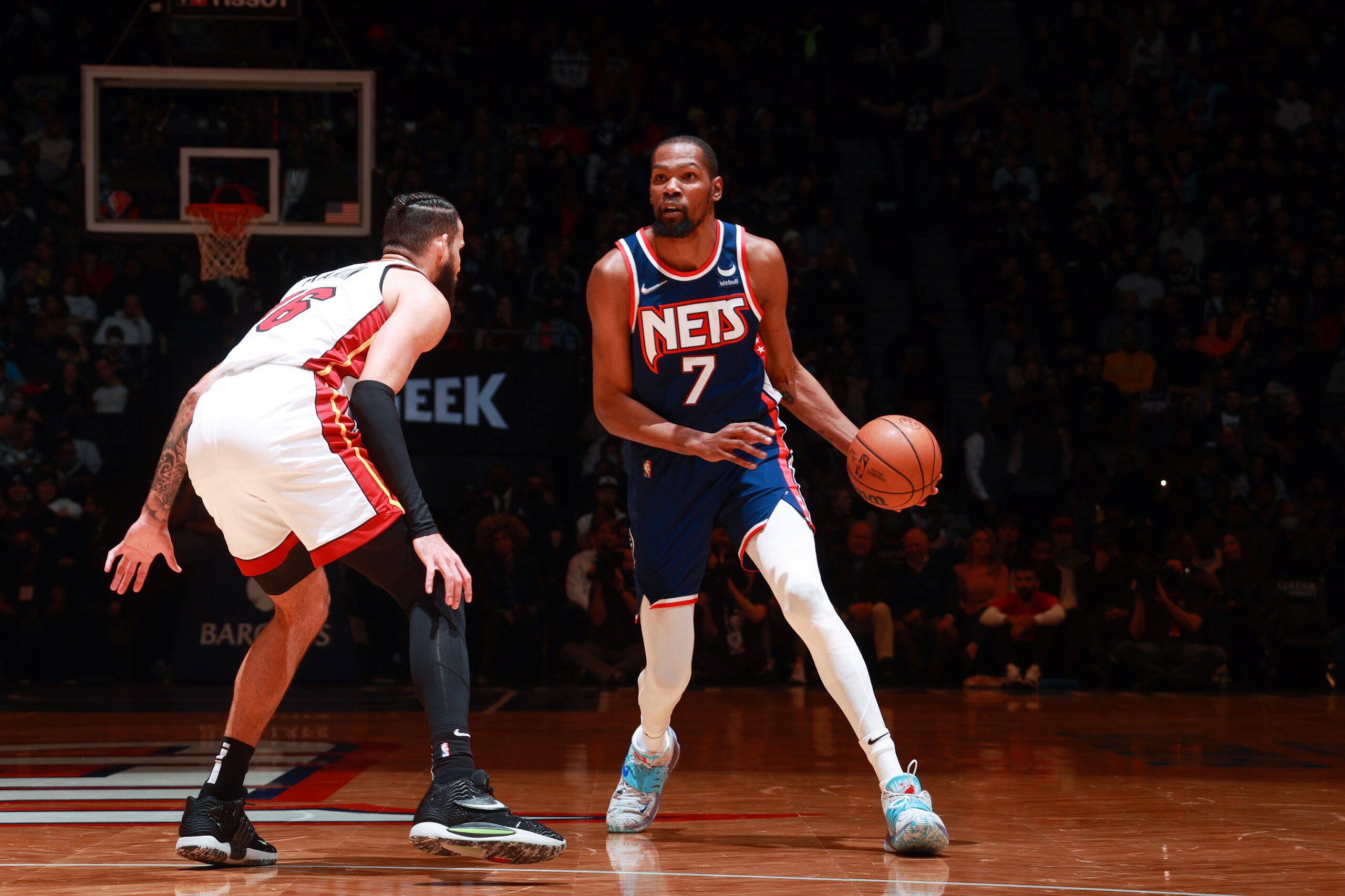 BROOKLYN, NY - MARCH 3: Kevin Durant #7 of the Brooklyn Nets dribbles the ball during the game against the Miami Heat on March 3, 2022 at Barclays Center in Brooklyn, New York. NOTE TO USER: User expressly acknowledges and agrees that, by downloading and or using this Photograph, user is consenting to the terms and conditions of the Getty Images License Agreement. Mandatory Copyright Notice: Copyright 2022 NBAE (Photo by Nathaniel S. Butler/NBAE via Getty Images) BROOKLYN, NY - MARCH 3: Kevin Durant #7 of the Brooklyn Nets dribbles the ball during the game against the Miami Heat on March 3, 2022 at Barclays Center in Brooklyn, New York. NOTE TO USER: User expressly acknowledges and agrees that, by downloading and or using this Photograph, user is consenting to the terms and conditions of the Getty Images License Agreement. Mandatory Copyright Notice: Copyright 2022 NBAE (Photo by Nathaniel S. Butler/NBAE via Getty Images)