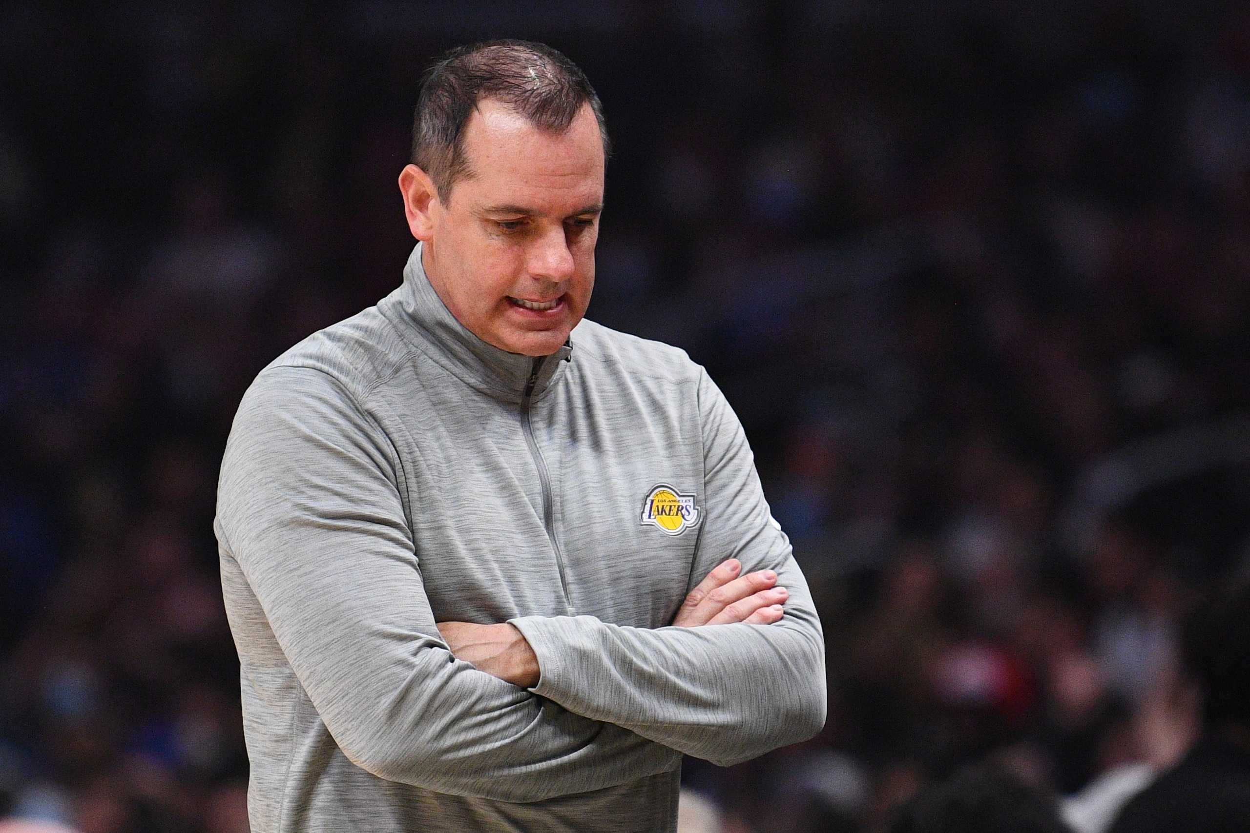 LOS ANGELES, CA - MARCH 03: Lakers head coach Frank Vogel looks on during a NBA game between the Los Angeles Lakers and the Los Angeles Clippers on March 3, 2022 at Crypto.com Arena in Los Angeles, CA. (Photo by Brian Rothmuller/Icon Sportswire via Getty Images)