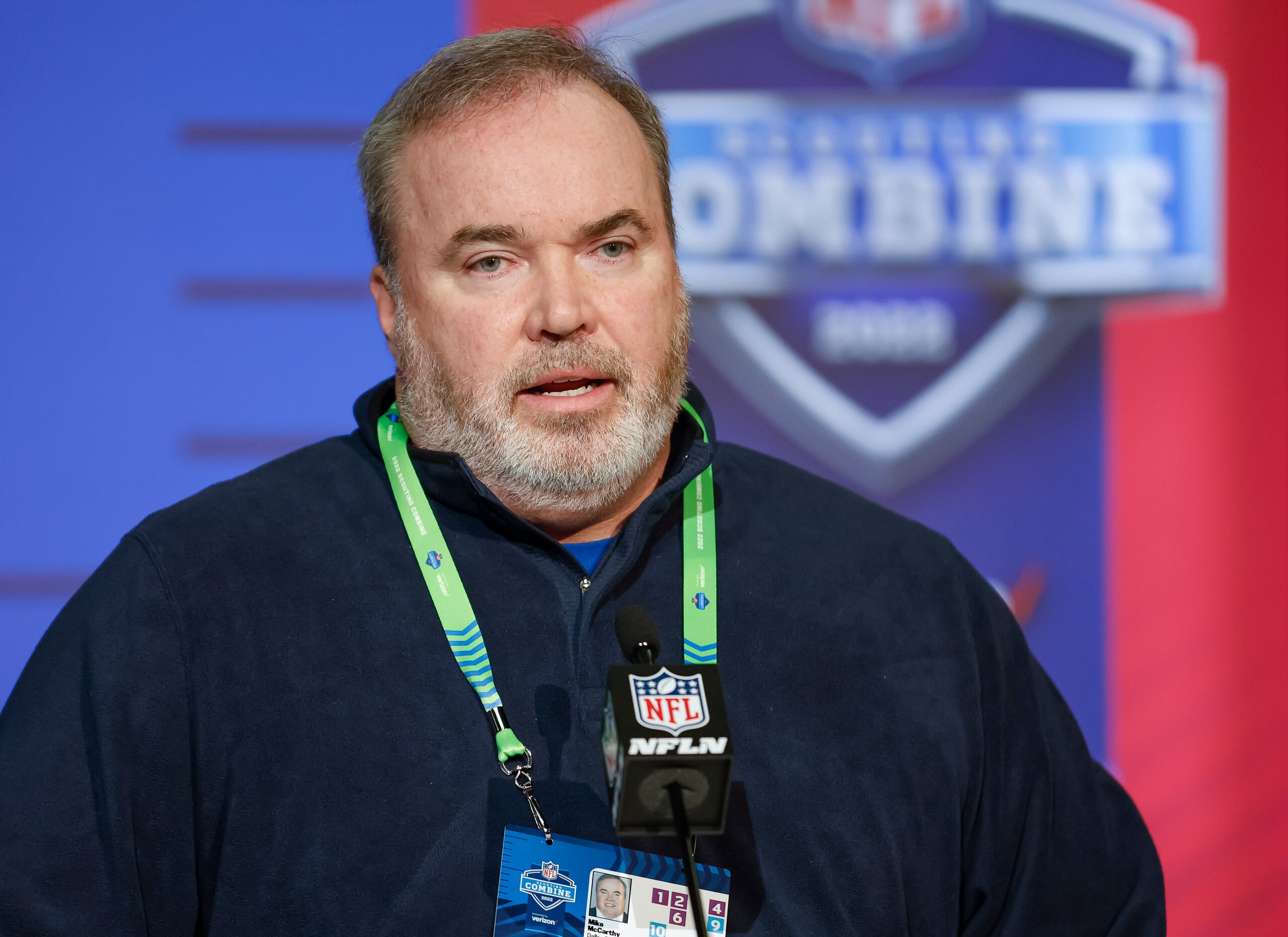 INDIANAPOLIS, IN - MAR 01: Mike McCarthy, head coach of the Dallas Cowboys speaks to reporters during the NFL Draft Combine at the Indiana Convention Center on March 1, 2022 in Indianapolis, Indiana. (Photo by Michael Hickey/Getty Images)