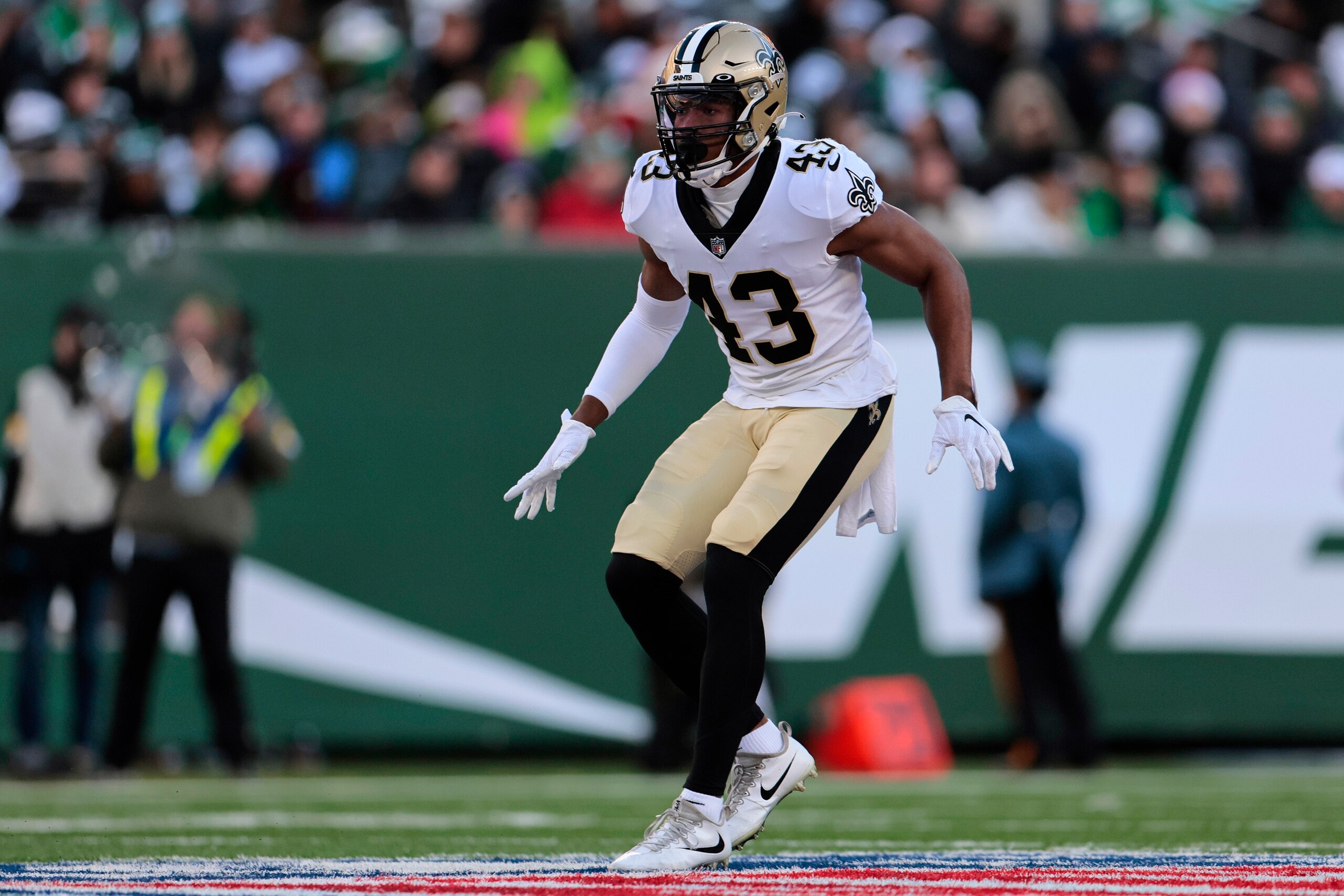 New Orleans Saints free safety Marcus Williams (43) defends during an NFL football game against the New York Jets, Sunday, Dec. 12, 2021, in East Rutherford, N.J. (AP Photo/Adam Hunger)