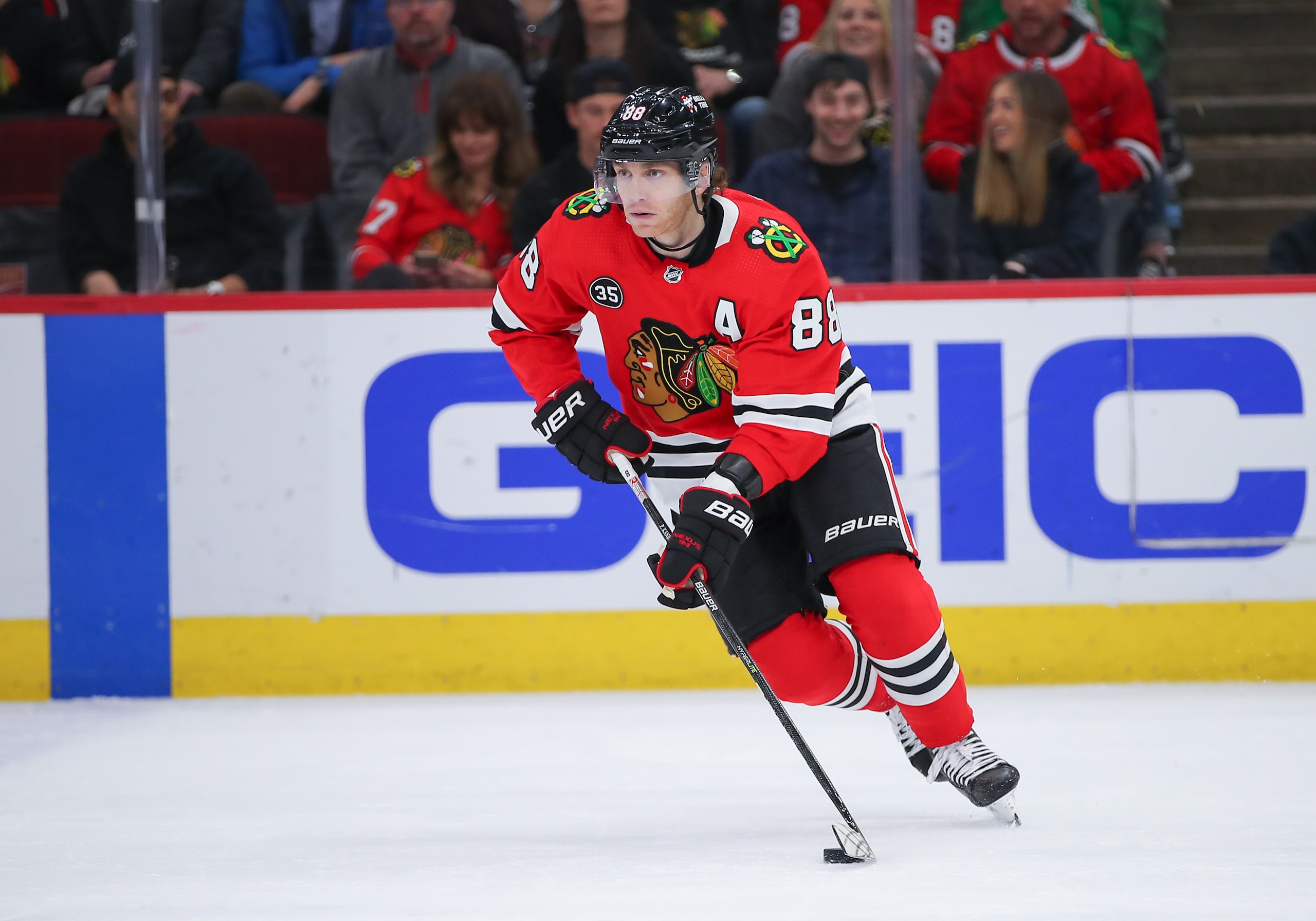 CHICAGO, IL - MARCH 03: Chicago Blackhawks right wing Patrick Kane (88) skates with the puck in action during a game between the Edmonton Oilers and the Chicago Blackhawks on March 3, 2022 at the United Center in Chicago, IL. (Photo by Melissa Tamez/Icon Sportswire via Getty Images) CHICAGO, IL - MARCH 03: Chicago Blackhawks right wing Patrick Kane (88) skates with the puck in action during a game between the Edmonton Oilers and the Chicago Blackhawks on March 3, 2022 at the United Center in Chicago, IL. (Photo by Melissa Tamez/Icon Sportswire via Getty Images)