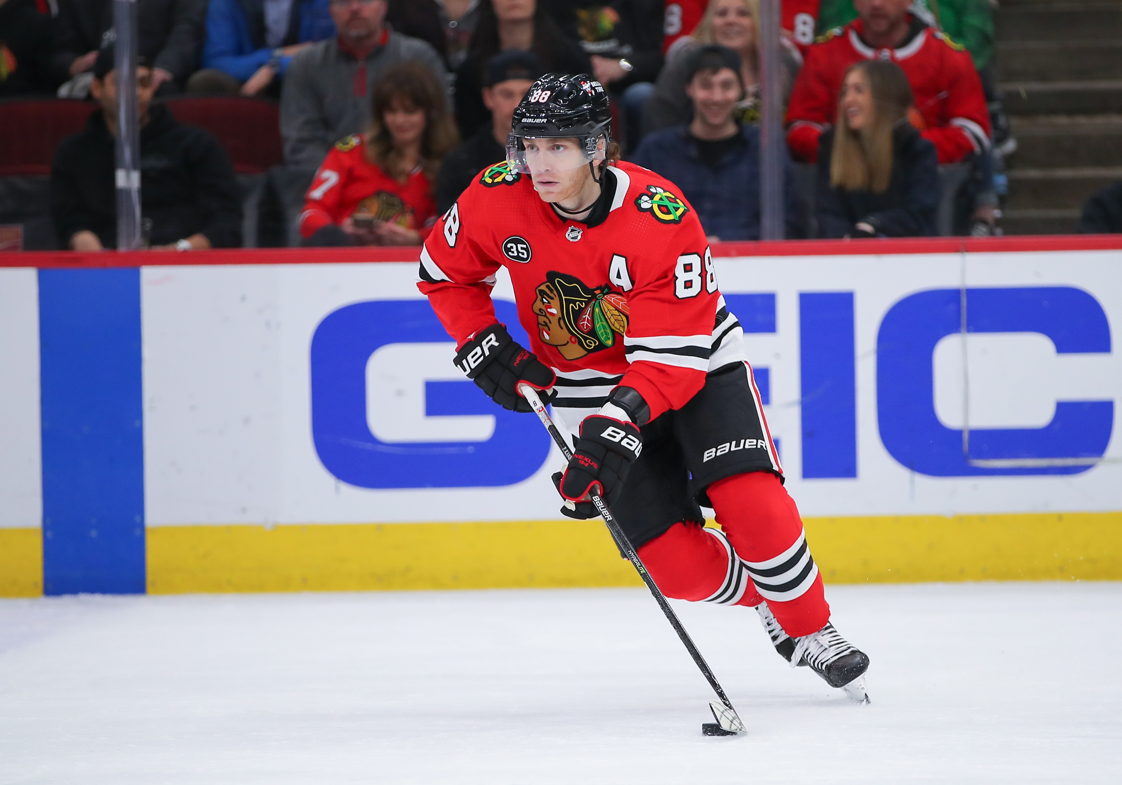 CHICAGO, IL - MARCH 03: Chicago Blackhawks right wing Patrick Kane (88) skates with the puck in action during a game between the Edmonton Oilers and the Chicago Blackhawks on March 3, 2022 at the United Center in Chicago, IL. (Photo by Melissa Tamez/Icon Sportswire via Getty Images)