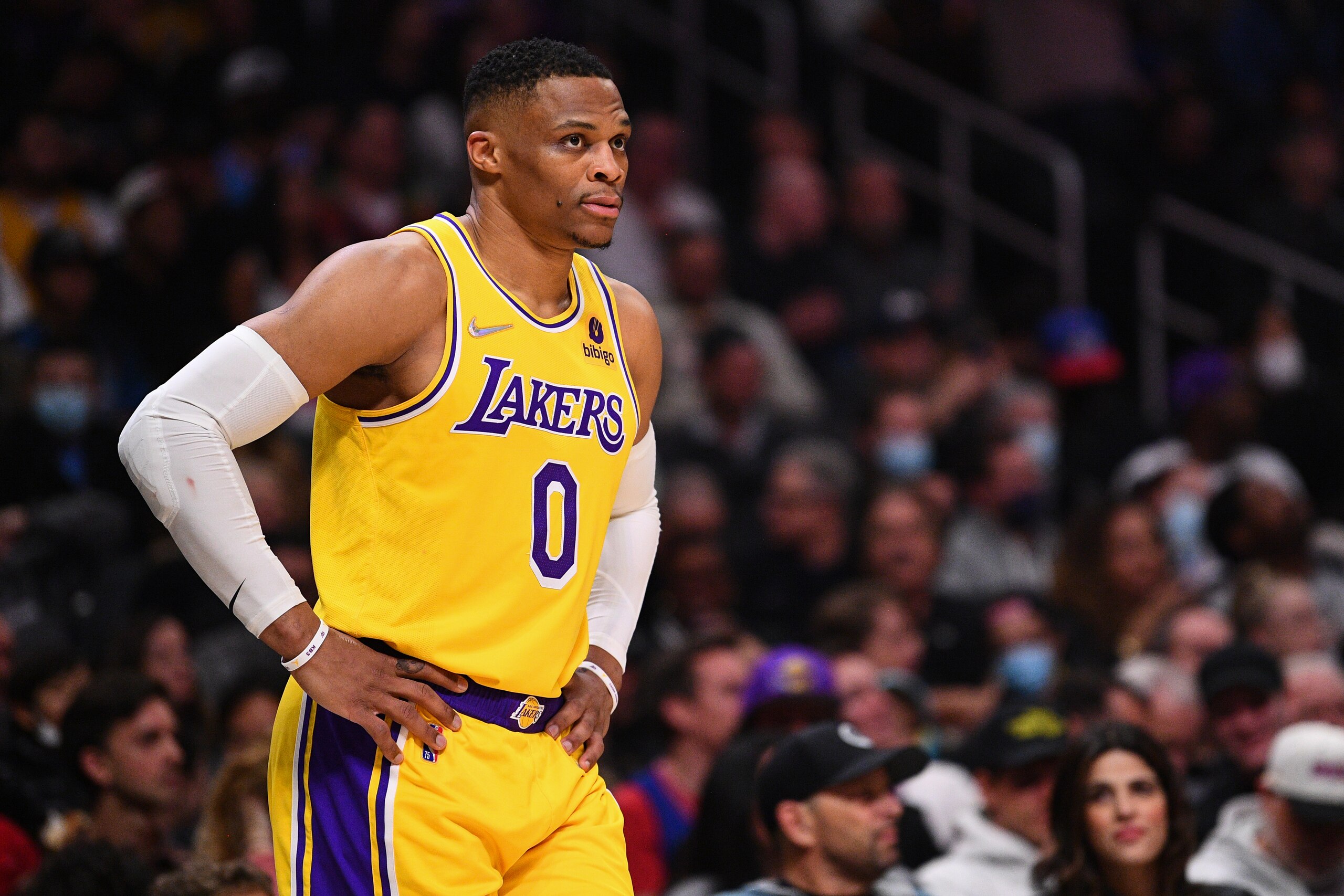 LOS ANGELES, CA - MARCH 03: Los Angeles Lakers Guard Russell Westbrook (0) looks on during a NBA game between the Los Angeles Lakers and the Los Angeles Clippers on March 3, 2022 at Crypto.com Arena in Los Angeles, CA. (Photo by Brian Rothmuller/Icon Sportswire via Getty Images)
