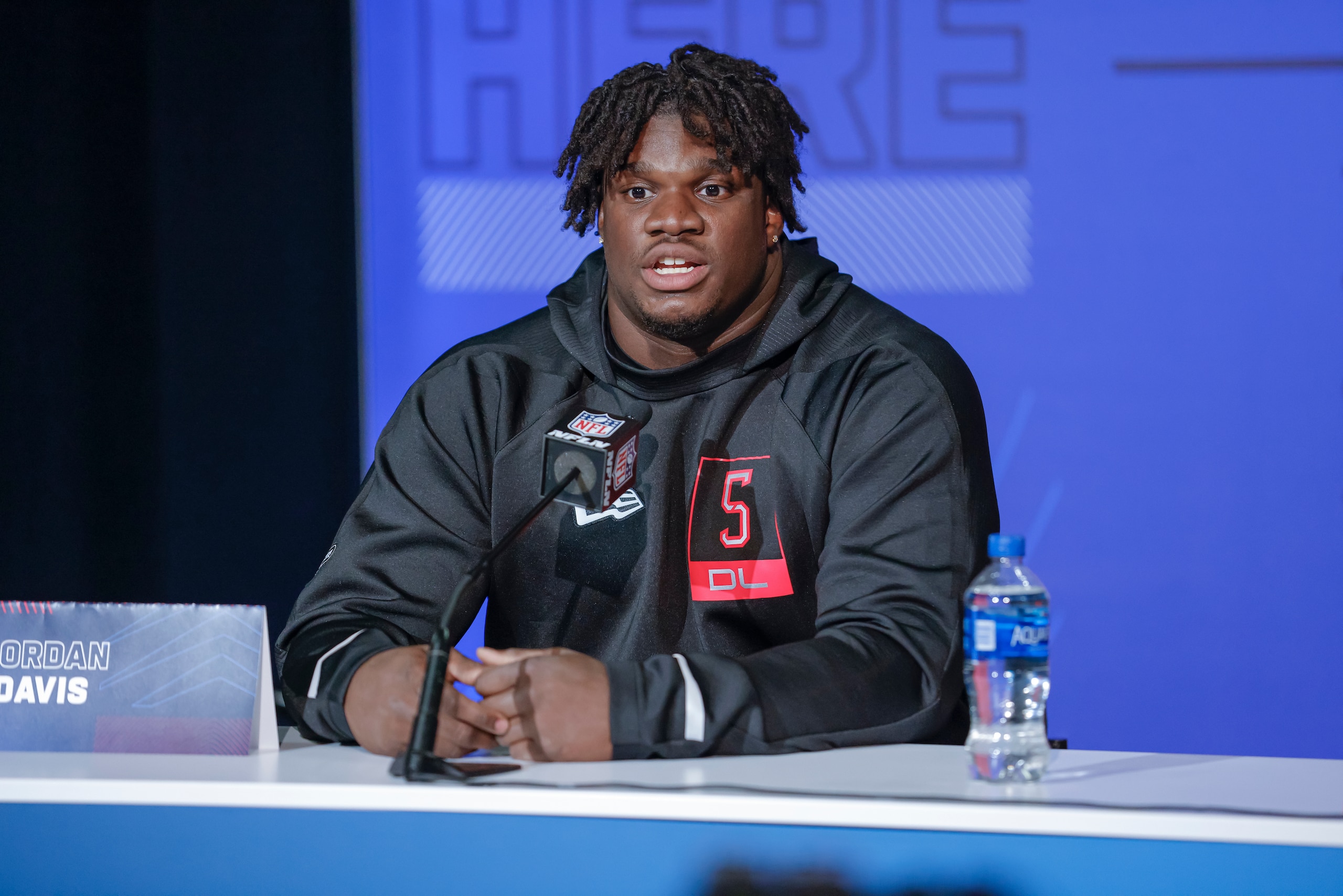 INDIANAPOLIS, IN - MARCH 04:  Jordan Davis #DL05 of the Georgia speaks to reporters during the NFL Draft Combine at the Indiana Convention Center on March 4, 2022 in Indianapolis, Indiana. (Photo by Michael Hickey/Getty Images)