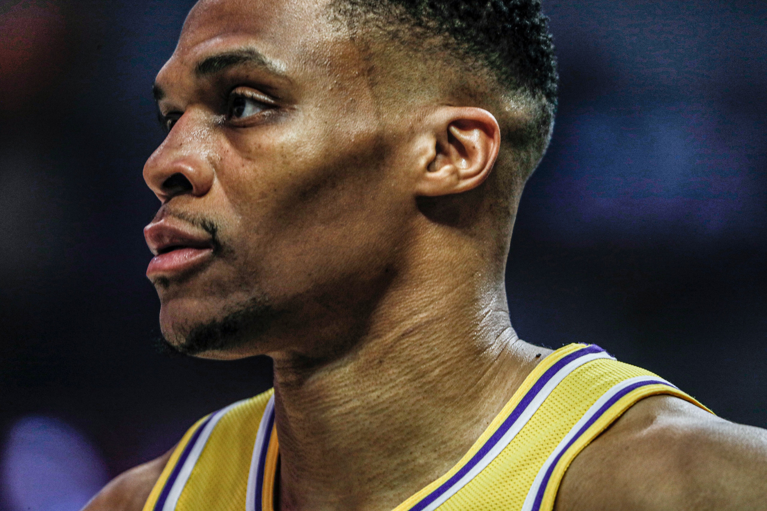 Los Angeles, CA, Thursday, March 3, 2022 - Los Angeles Lakers guard Russell Westbrook (0) during a break in the action against the LA Clippers at Crypto.Com Arena.  (Robert Gauthier/Los Angeles Times via Getty Images)