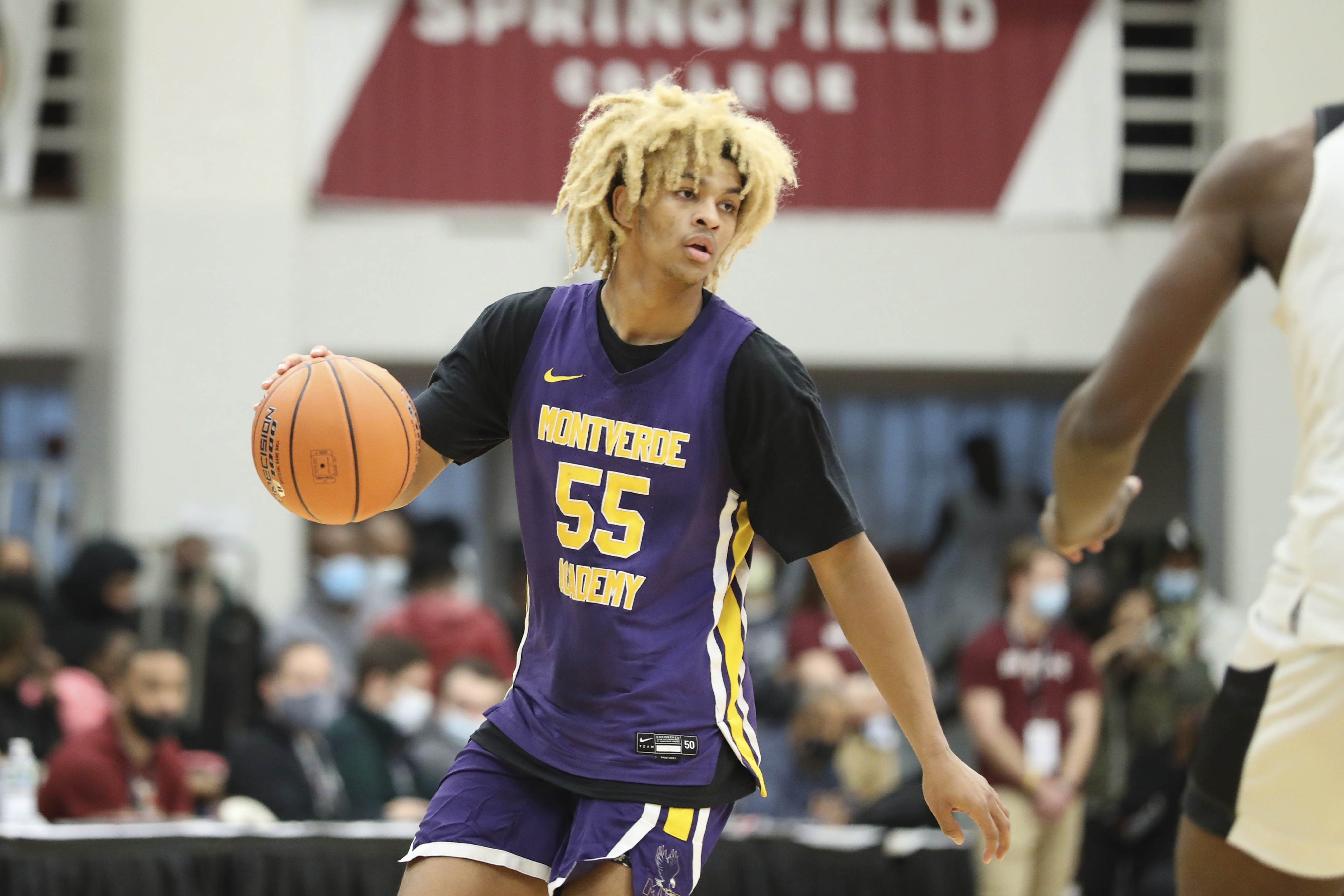 Monteverde's Skyy Clark #55 in action against IMG Academy during a high school basketball game at the Hoophall Classic, Monday, January 17, 2022, in Springfield, MA. (AP Photo/Gregory Payan)