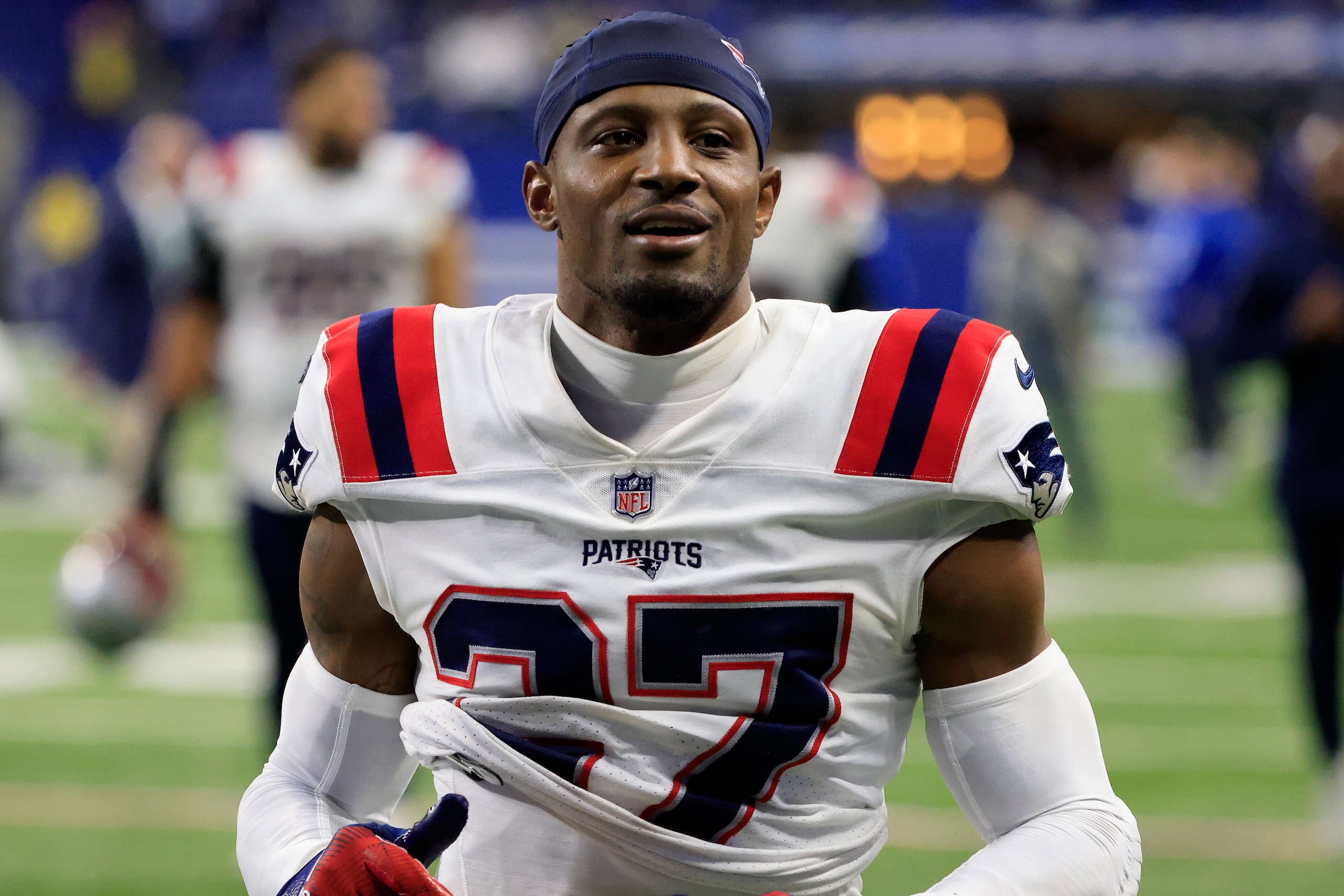 INDIANAPOLIS, INDIANA - DECEMBER 18: J.C. Jackson #27 of the New England Patriots walks off the field after a loss to the Indianapolis Colts at Lucas Oil Stadium on December 18, 2021 in Indianapolis, Indiana. (Photo by Justin Casterline/Getty Images)