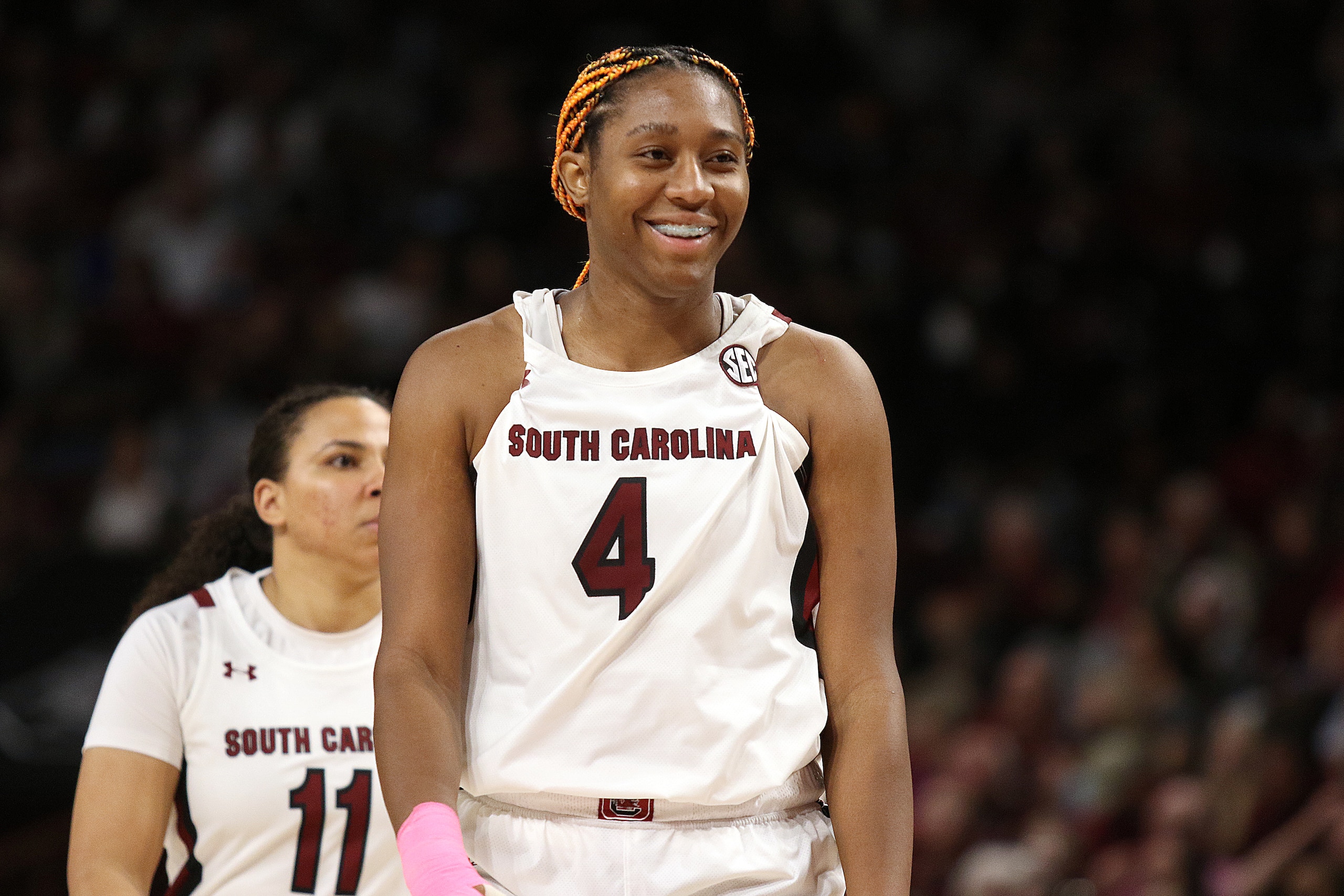 COLUMBIA, SC - FEBRUARY 20: South Carolina forward Aliyah Boston (4) during a women's college basketball game between the South Carolina Gamecocks and the Tennessee Lady Volunteers on February 20, 2022 at the Colonial Life Arena in Columbia, S.C. (Photo by John Byrum/Icon Sportswire via Getty Images)