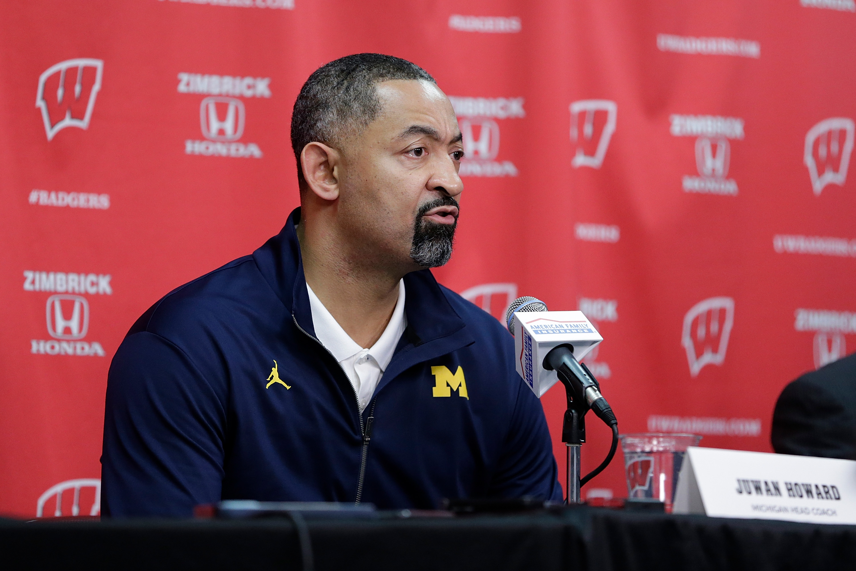 MADISON, WISCONSIN - FEBRUARY 20: Michigan Wolverine Head Coach Juwan Howard speaks to the media about the fight after the game against the Wisconsin Badgers at Kohl Center on February 20, 2022 in Madison, Wisconsin. (Photo by John Fisher/Getty Images)