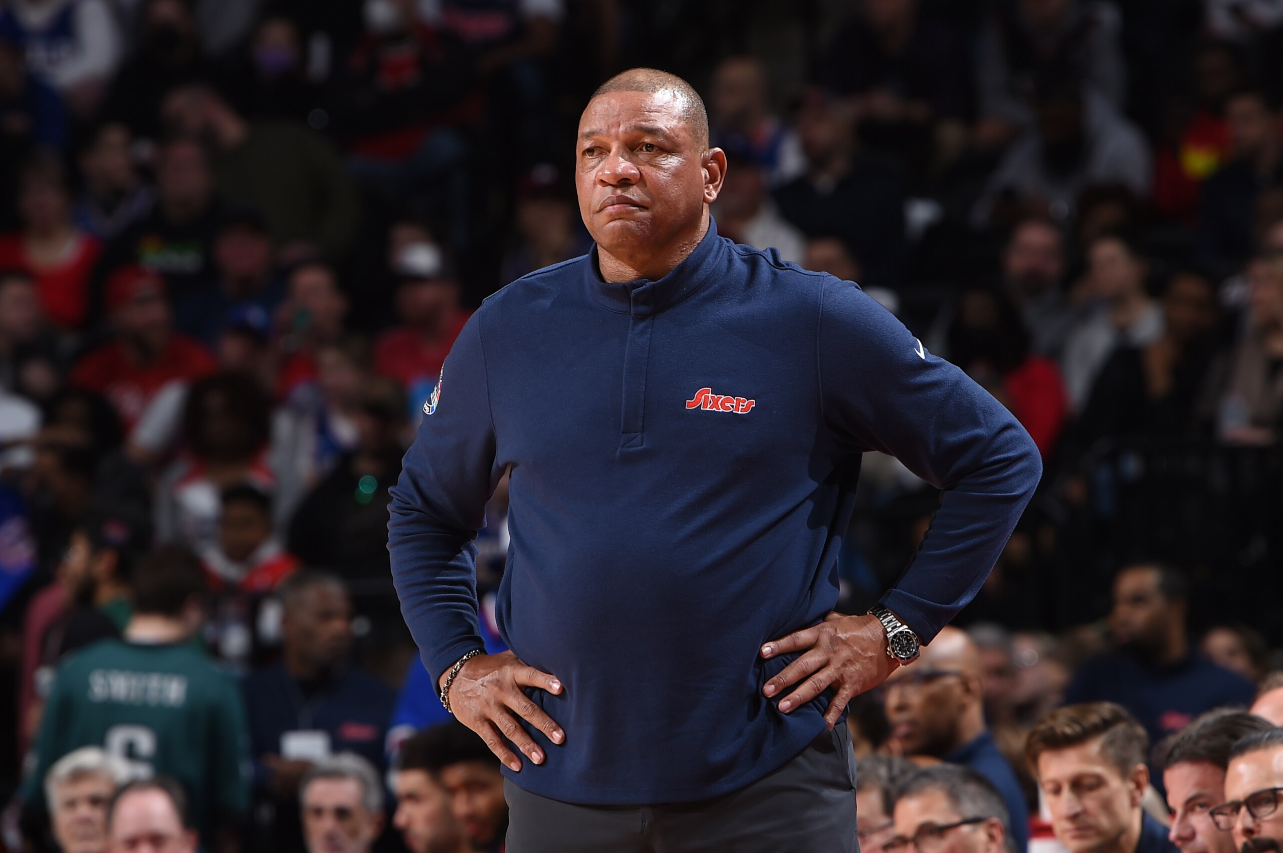 PHILADELPHIA, PA - MARCH 7: Head Coach Doc Rivers of the Philadelphia 76ers looks on during the game against the Chicago Bulls on March 7, 2022 at the Wells Fargo Center in Philadelphia, Pennsylvania NOTE TO USER: User expressly acknowledges and agrees that, by downloading and/or using this Photograph, user is consenting to the terms and conditions of the Getty Images License Agreement. Mandatory Copyright Notice: Copyright 2022 NBAE (Photo by David Dow/NBAE via Getty Images)