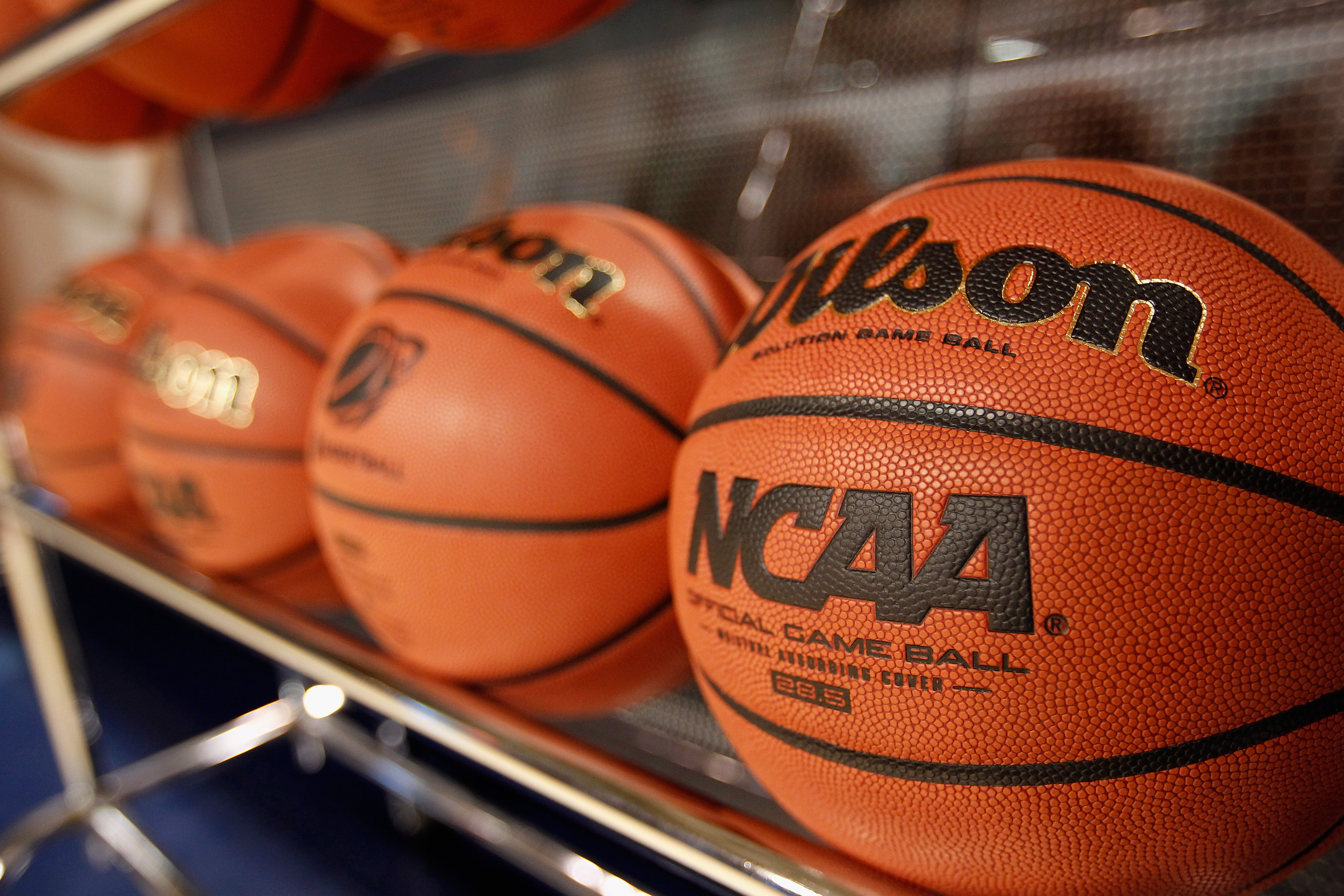 SPOKANE, WA - MARCH 25: NCAA basketballs are seen setting in a rack prior to the game between the Iowa State Cyclones and the Georgia Lady Bulldogs for the second round of the 2013 NCAA Women's Basketball Tournament at McCarthey Athletic Center on March 25, 2013 in Spokane, Washington. (Photo by William Mancebo/Getty Images)