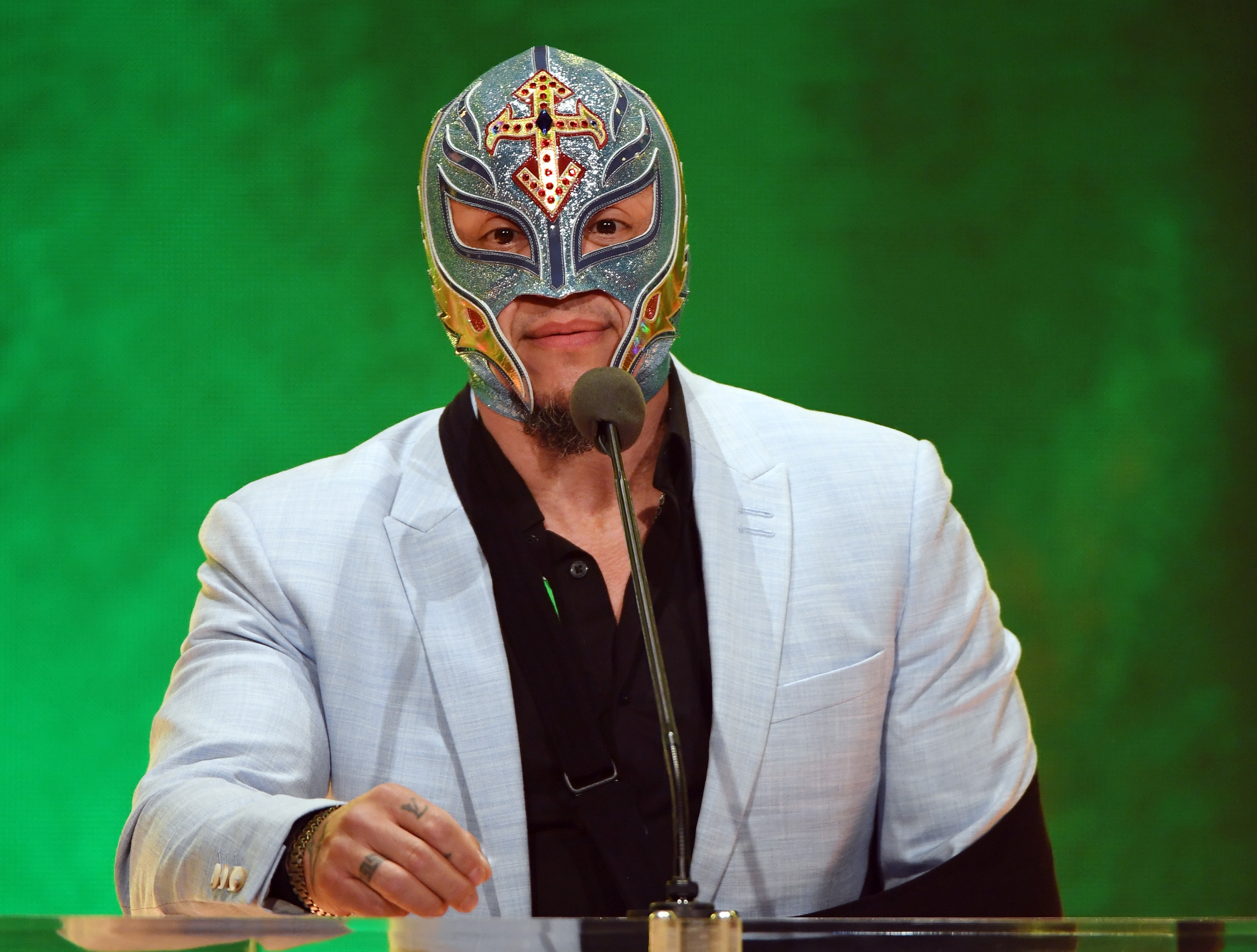 LAS VEGAS, NEVADA - OCTOBER 11:  WWE wrestler Rey Mysterio speaks at a WWE news conference at T-Mobile Arena on October 11, 2019 in Las Vegas, Nevada. It was announced that WWE wrestler Braun Strowman will face heavyweight boxer Tyson Fury and WWE champion Brock Lesnar will take on former UFC heavyweight champion Cain Velasquez at the WWE's Crown Jewel event at Fahd International Stadium in Riyadh, Saudi Arabia on October 31.  (Photo by Ethan Miller/Getty Images)