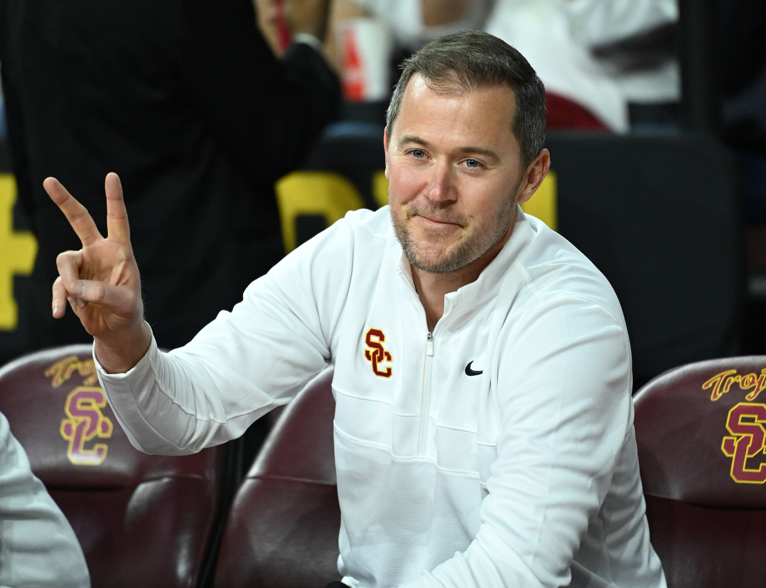 LOS ANGELES, CA - MARCH 01: Head football coach Lincoln Riley of the USC attends the game between the USC Trojans and the Arizona Wildcats at Galen Center on March 1, 2022 in Los Angeles, California. (Photo by Jayne Kamin-Oncea/Getty Images)