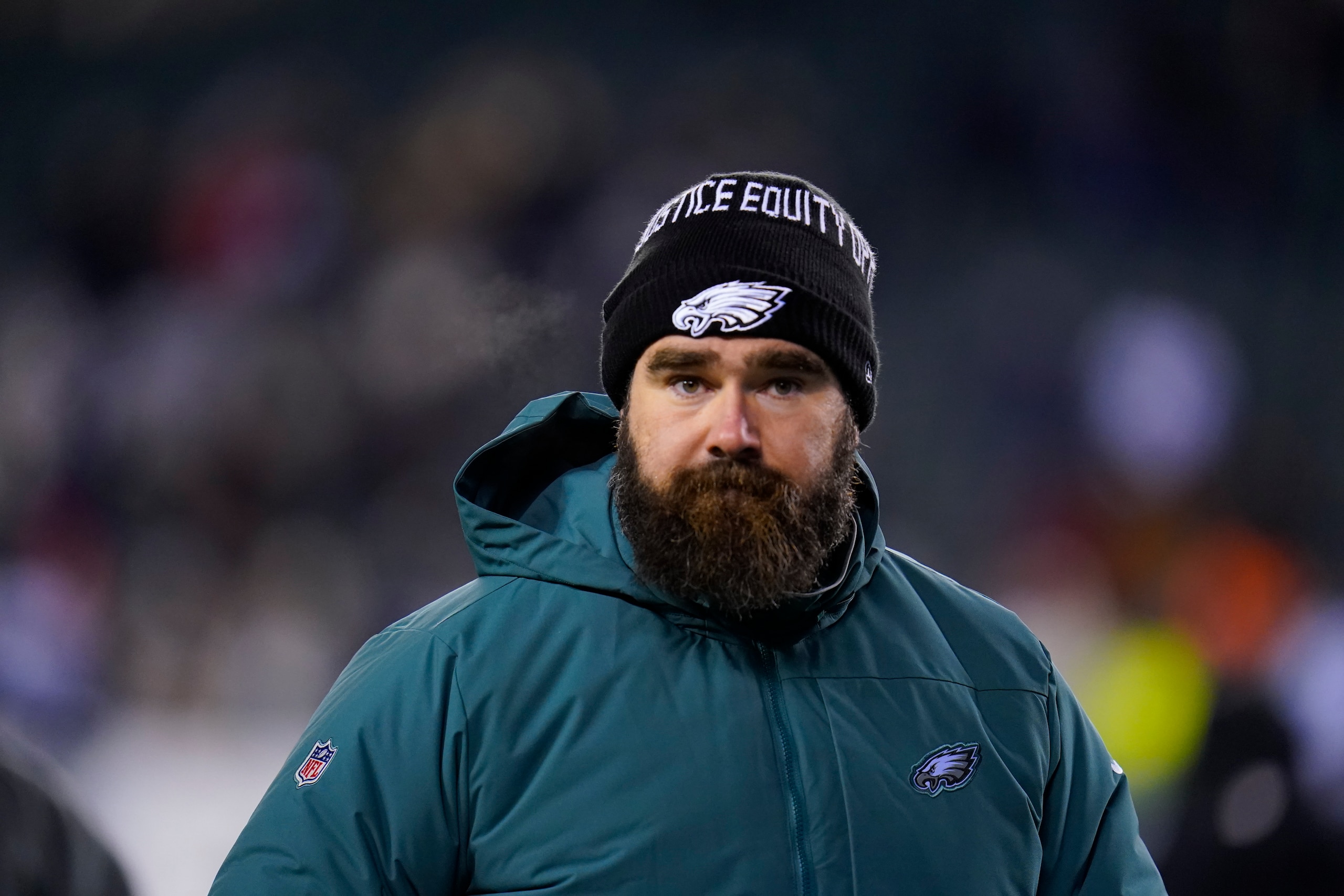Philadelphia Eagles center Jason Kelce walks off the field after an NFL football game against the Dallas Cowboys, Saturday, Jan. 8, 2022, in Philadelphia. (AP Photo/Julio Cortez)