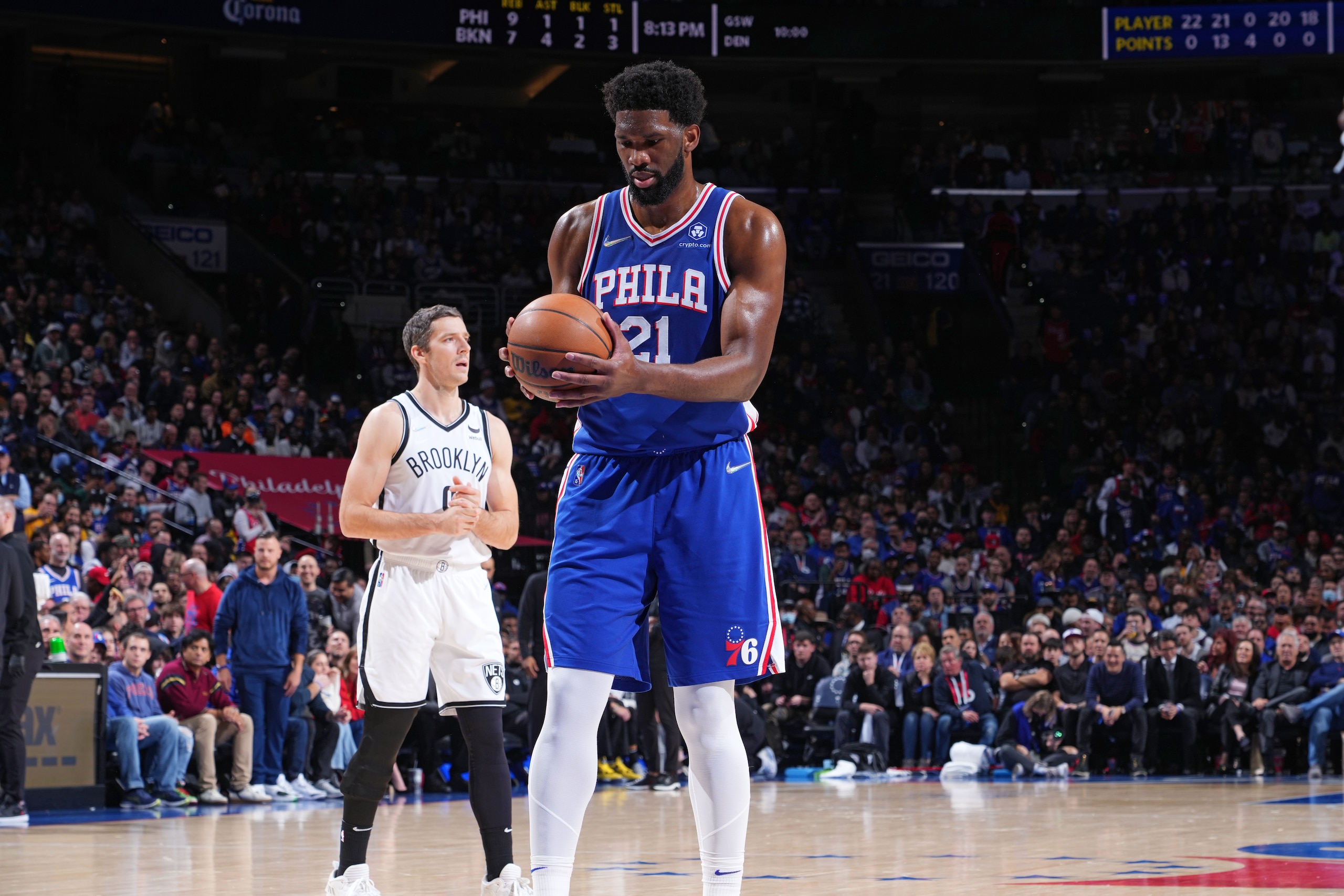 PHILADELPHIA, PA - MARCH 10: Joel Embiid #21 of the Philadelphia 76ers shoots a free throw during a game against the Brooklyn Nets on March 10, 2022 at Wells Fargo Center in Philadelphia, Pennsylvania. NOTE TO USER: User expressly acknowledges and agrees that, by downloading and/or using this Photograph, user is consenting to the terms and conditions of the Getty Images License Agreement. Mandatory Copyright Notice: Copyright 2022 NBAE (Photo by Jesse D. Garrabrant/NBAE via Getty Images)