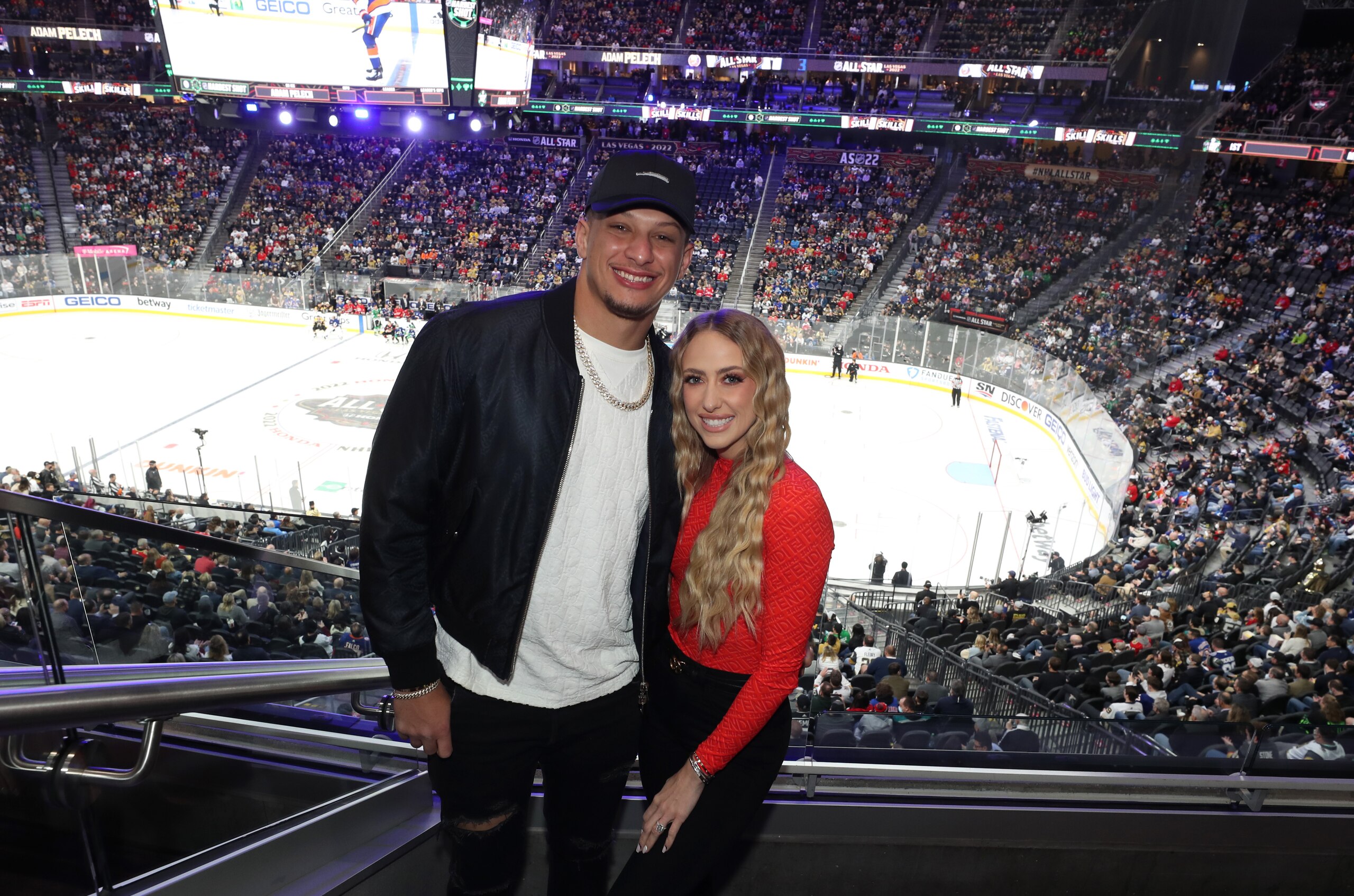 LAS VEGAS, NEVADA - FEBRUARY 04: Patrick Mahomes of the Kansas City Chiefs and Brittany Matthews attend the 2022 NHL All-Star Skills as part of the 2022 NHL All-Star Weekend on February 04, 2022 in Las Vegas, Nevada. (Photo by Chase Agnello-Dean/NHLI via Getty Images)