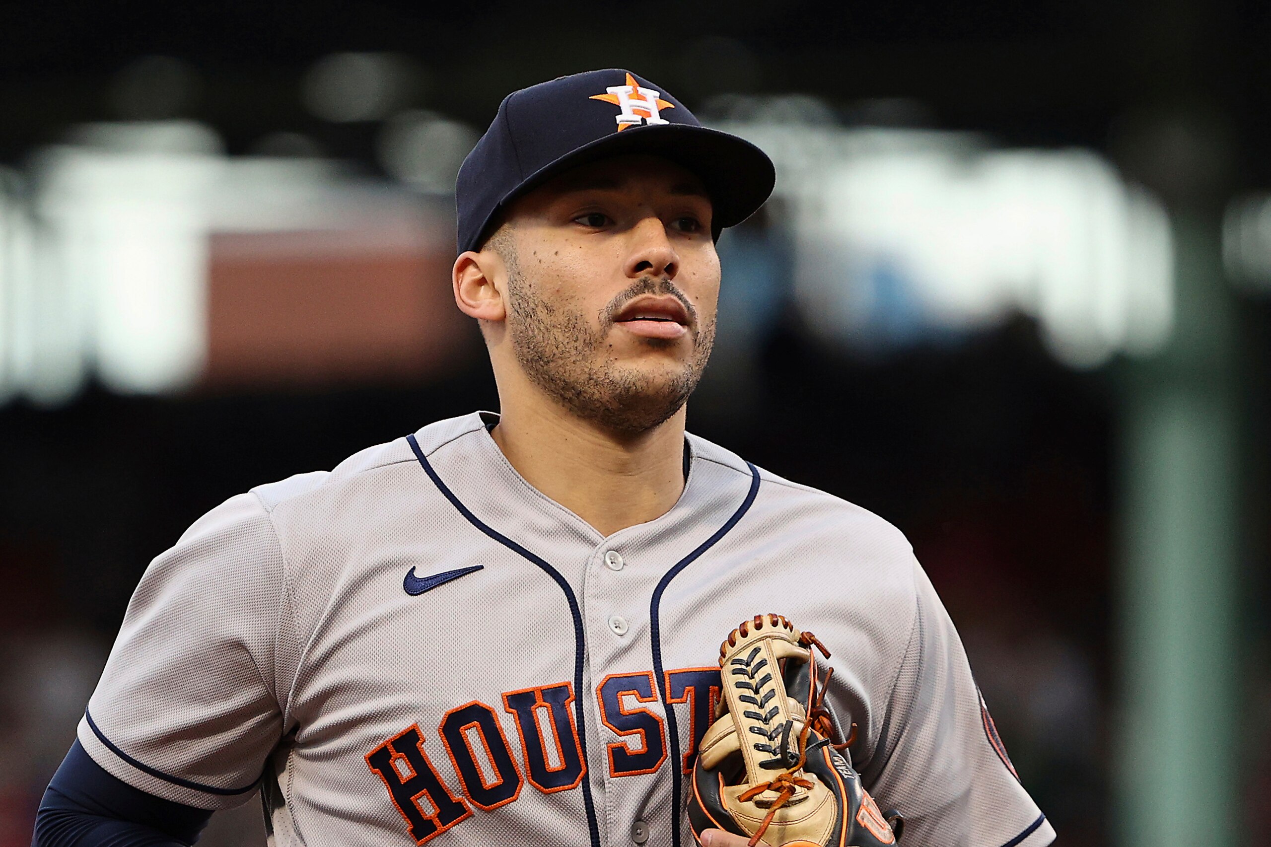 Houston Astros' Carlos Correa during Game 5 of the American League Championship Series against the Boston Red Sox Wednesday, Oct. 20, 2021, at Fenway Park in Boston. (AP Photo/Winslow Townson)