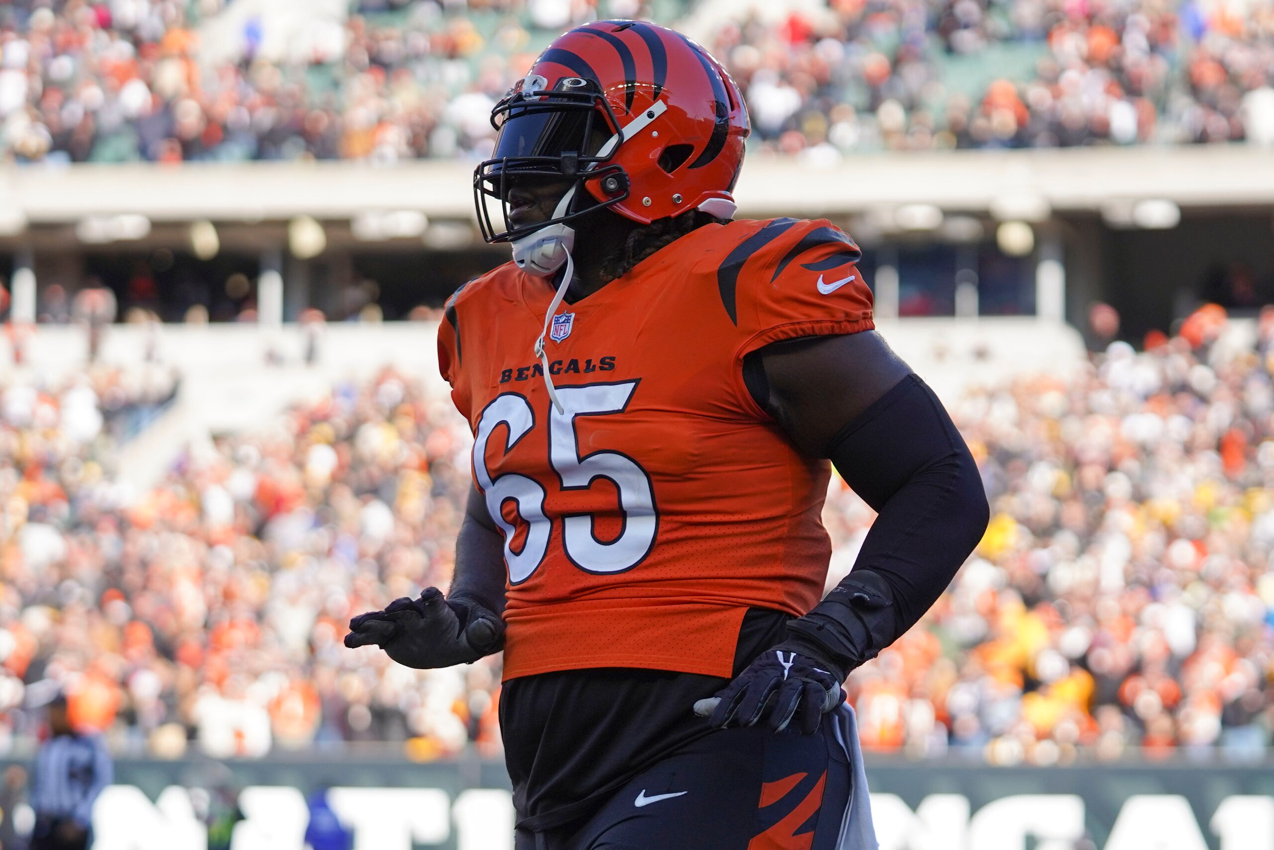 Cincinnati Bengals defensive tackle Larry Ogunjobi (65) plays during an NFL football game against the Pittsburgh Steelers Sunday, Nov. 28, 2021, in Cincinnati. (AP Photo/Jeff Dean)