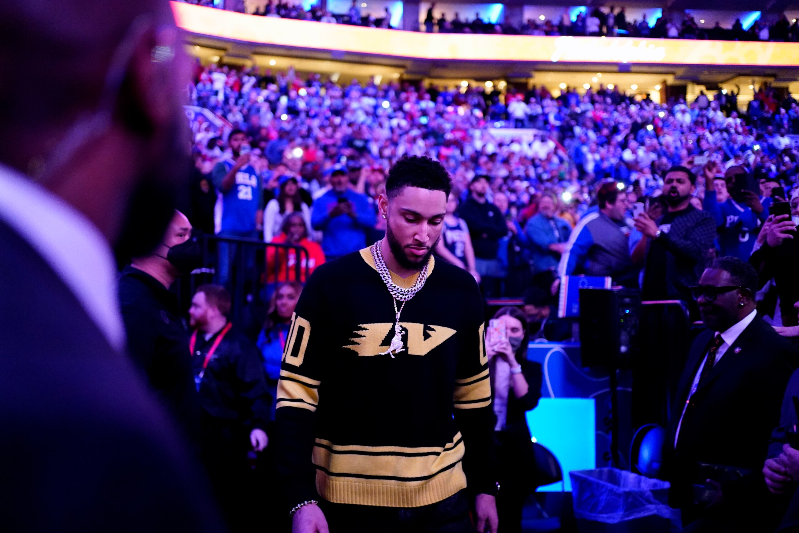 Brooklyn Nets' Ben Simmons walks to the court before an NBA basketball game against the Philadelphia 76ers, Thursday, March 10, 2022, in Philadelphia. (AP Photo/Matt Slocum)