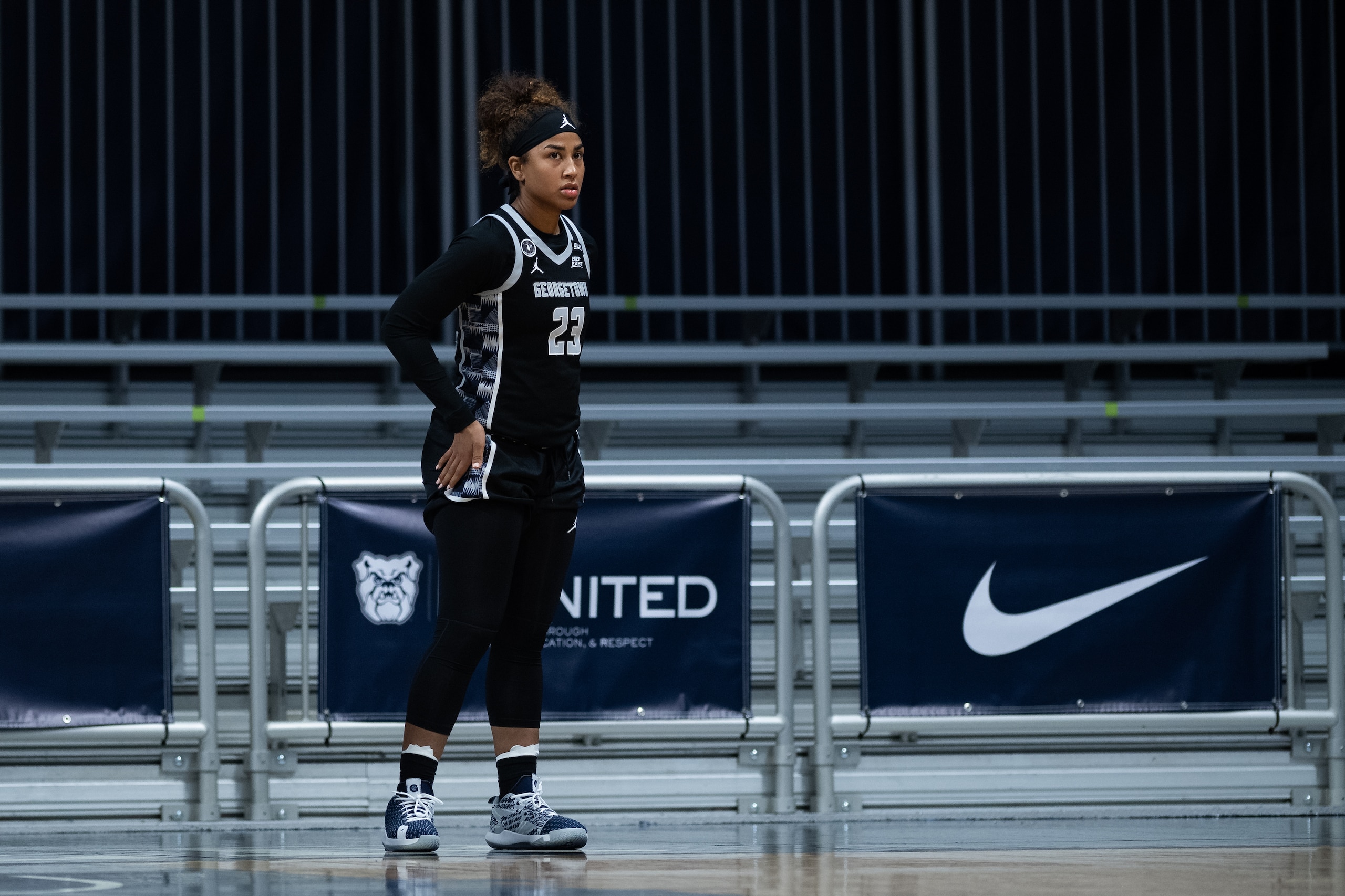 INDIANAPOLIS, IN - JANUARY 13: Georgetown Hoyas guard Milan Bolden-Morris (23) waits for a inbounds pass  during the women's college basketball game between the Butler Bulldogs and Georgetown Hoyas on January 13, 2021, at Hinkle Fieldhouse in Indianapolis, IN. (Photo by Zach Bolinger/Icon Sportswire via Getty Images)