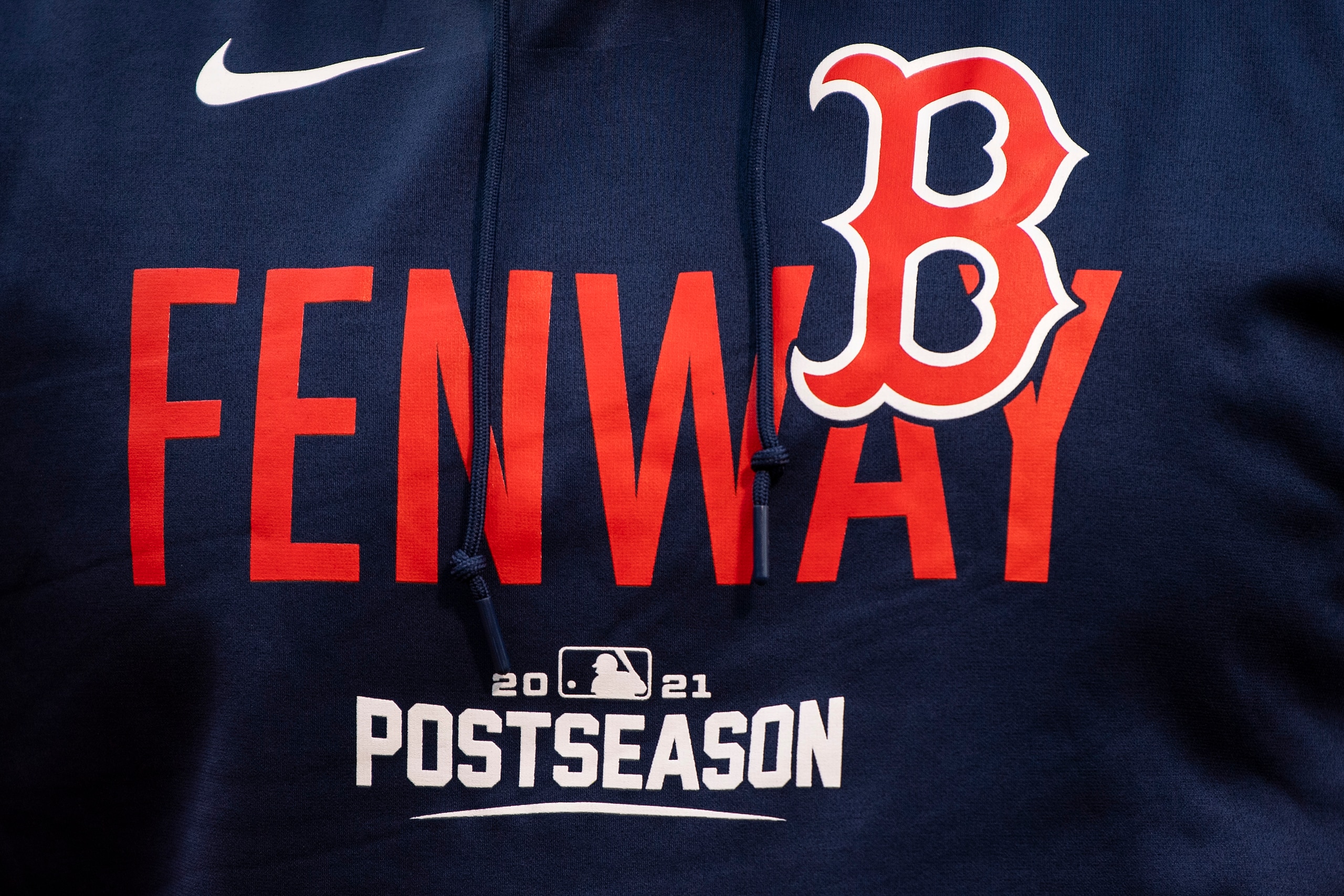 BOSTON, MA - OCTOBER 05: The postseason logo is displayed on the shirt of Christian Vazquez #7 of the Boston Red Sox is displayed before the 2021 American League Wild Card game against the New York Yankees at Fenway Park on October 5, 2021 in Boston, Massachusetts. (Photo by Billie Weiss/Boston Red Sox/Getty Images)