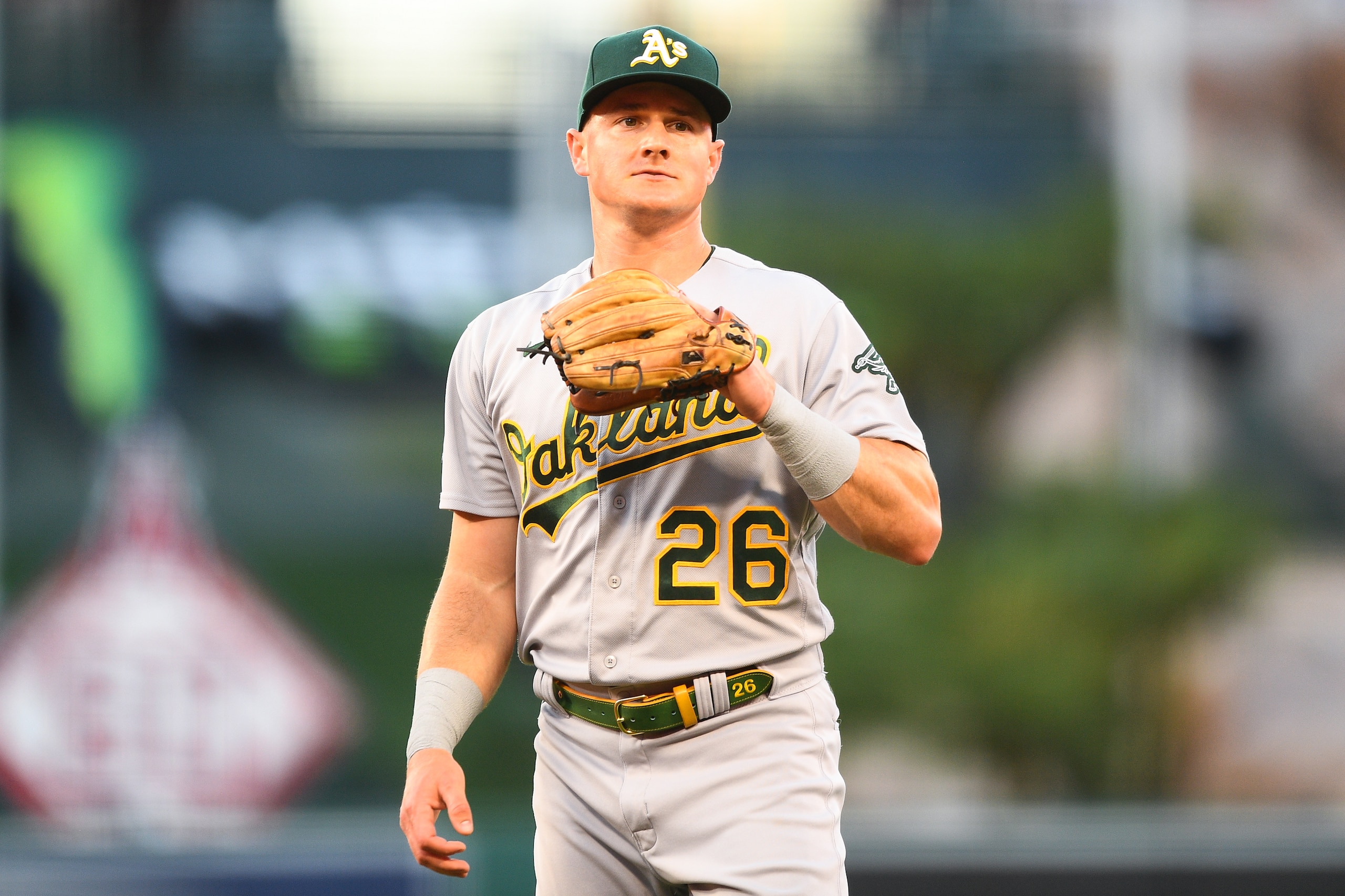 ANAHEIM, CA - SEPTEMBER 17: Oakland Athletics third baseman Matt Chapman (26) looks on during the MLB game between the Oakland Athletics and the Los Angeles Angels of Anaheim on September 17, 2021 at Angel Stadium of Anaheim in Anaheim, CA. (Photo by Brian Rothmuller/Icon Sportswire via Getty Images)