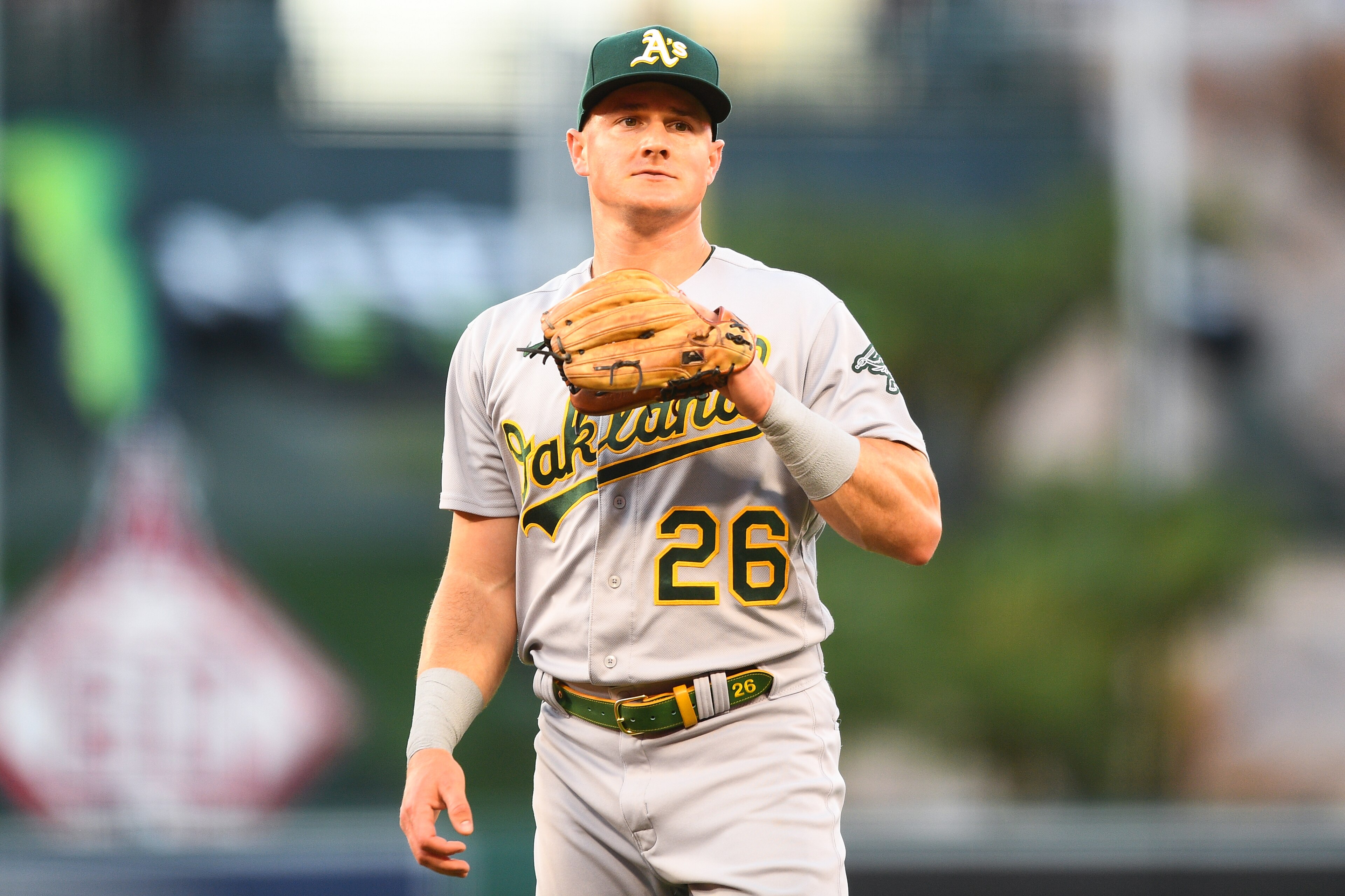 ANAHEIM, CA - SEPTEMBER 17: Oakland Athletics third baseman Matt Chapman (26) looks on during the MLB game between the Oakland Athletics and the Los Angeles Angels of Anaheim on September 17, 2021 at Angel Stadium of Anaheim in Anaheim, CA. (Photo by Brian Rothmuller/Icon Sportswire via Getty Images)