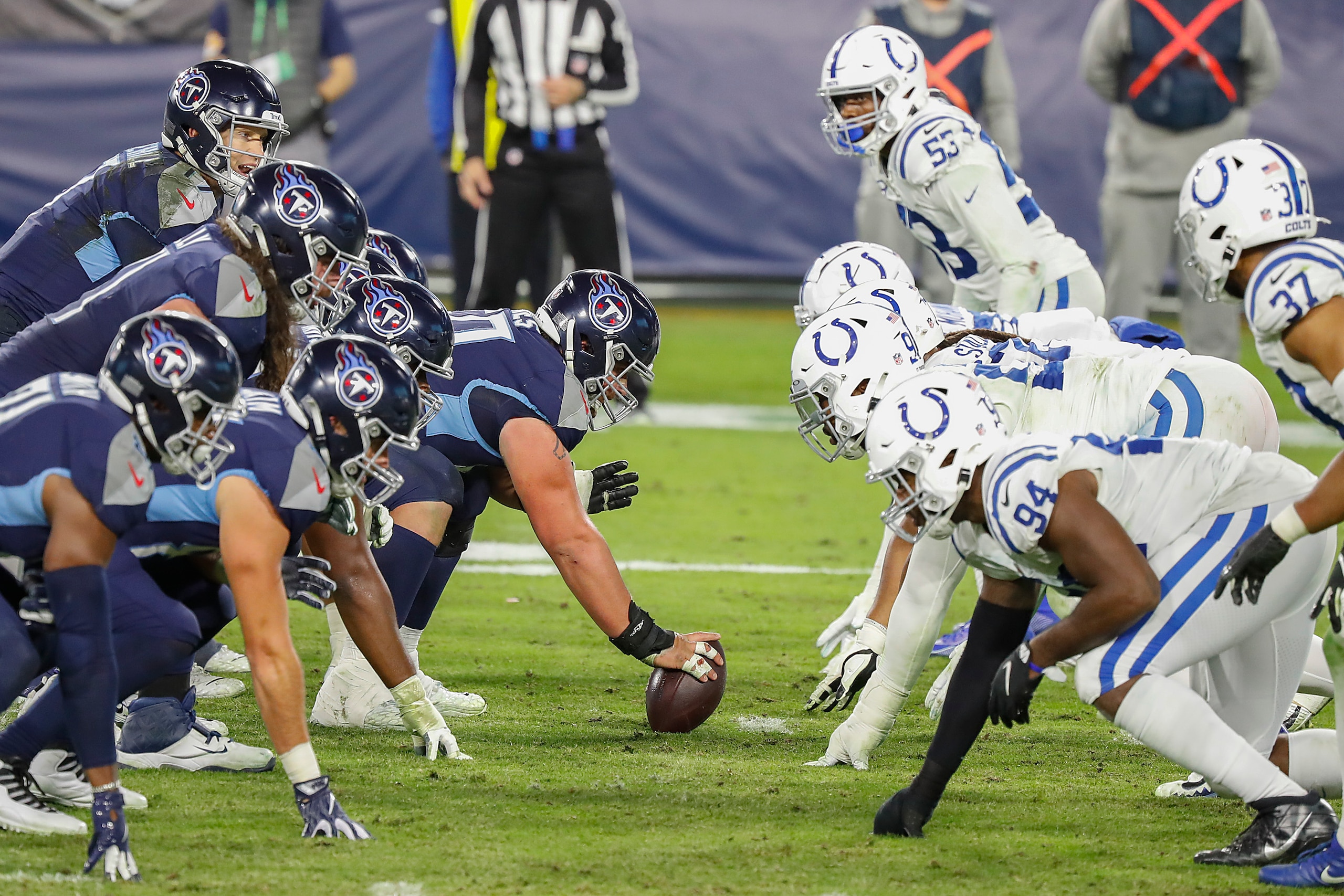 NASHVILLE, TENNESSEE - NOVEMBER 12:  The Tennessee Titans line up against the Indianapolis Colts at Nissan Stadium on November 12, 2020 in Nashville, Tennessee. (Photo by Frederick Breedon/Getty Images)