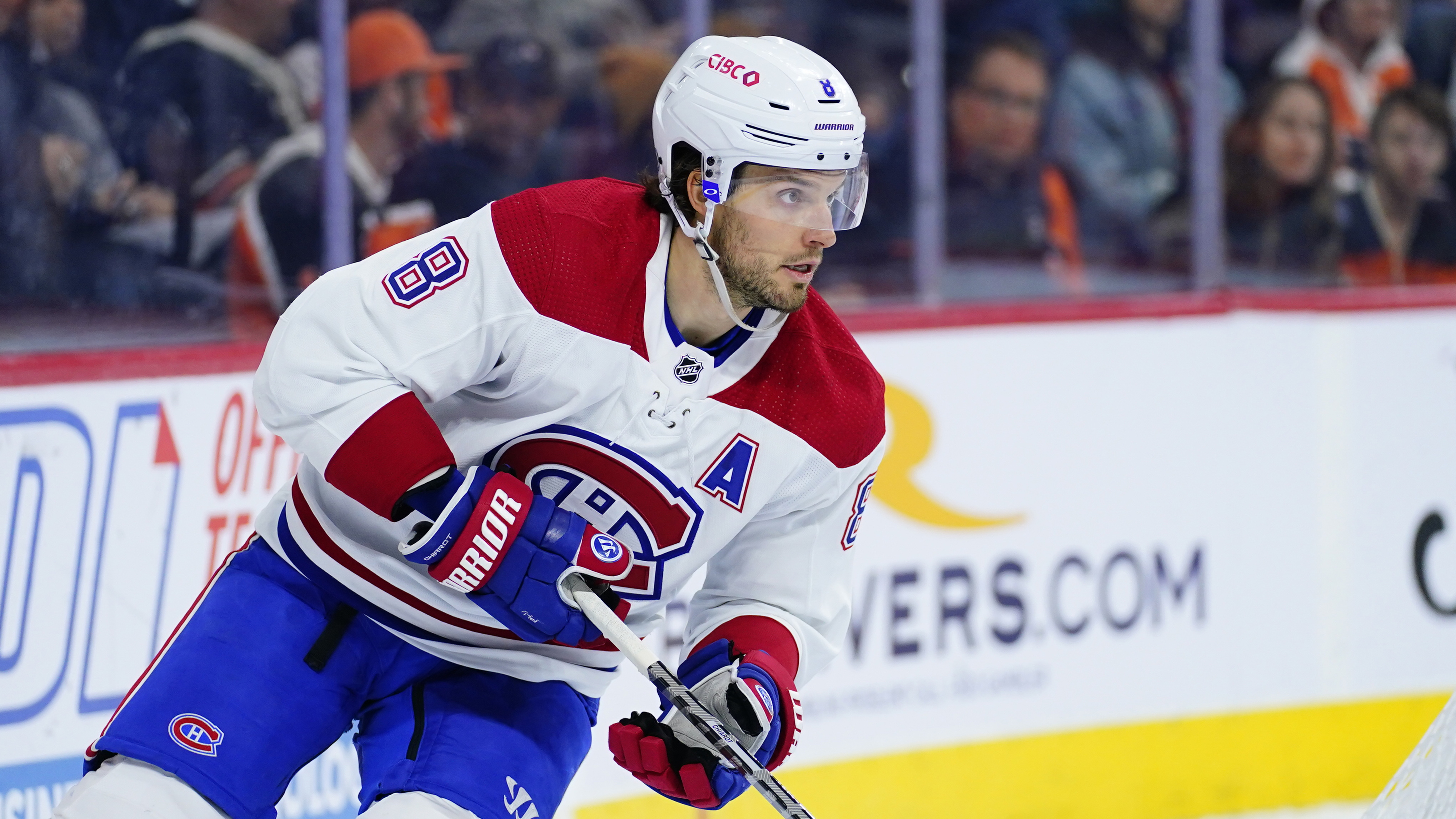 Montreal Canadiens' Ben Chiarot plays during an NHL hockey game, Sunday, March 13, 2022, in Philadelphia. (AP Photo/Matt Slocum)