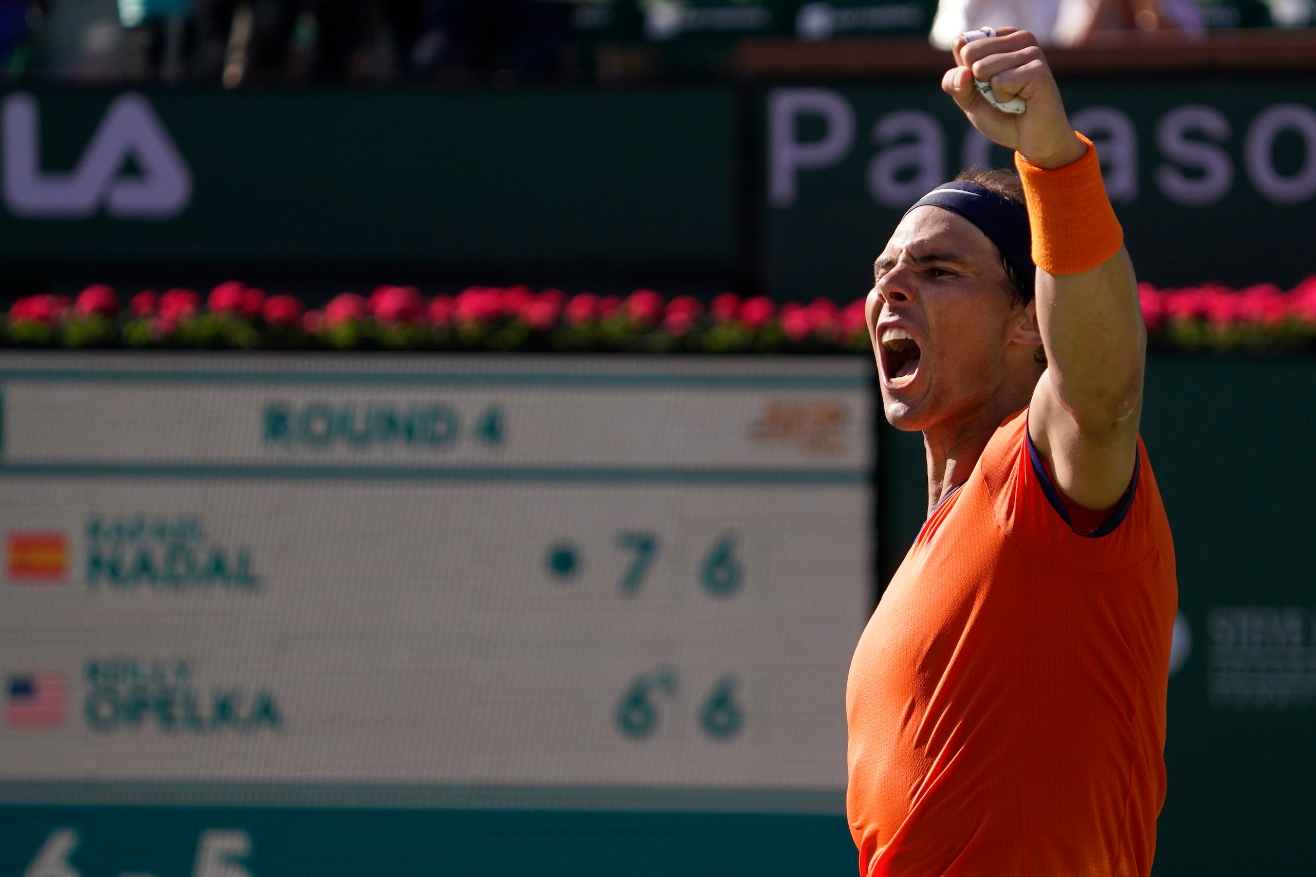 Rafael Nadal, of Spain, celebrates after defeating Reilly Opelka at the BNP Paribas Open tennis tournament Wednesday, March 16, 2022, in Indian Wells, Calif. (AP Photo/Mark J. Terrill)