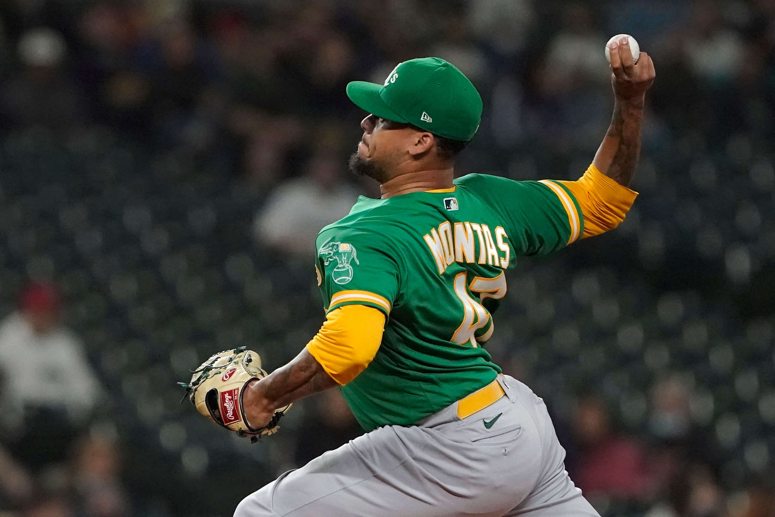 Oakland Athletics starting pitcher Frankie Montas throws against the Seattle Mariners during the first inning of a baseball game, Wednesday, Sept. 29, 2021, in Seattle. (AP Photo/Ted S. Warren) Oakland Athletics starting pitcher Frankie Montas throws against the Seattle Mariners during the first inning of a baseball game, Wednesday, Sept. 29, 2021, in Seattle. (AP Photo/Ted S. Warren)