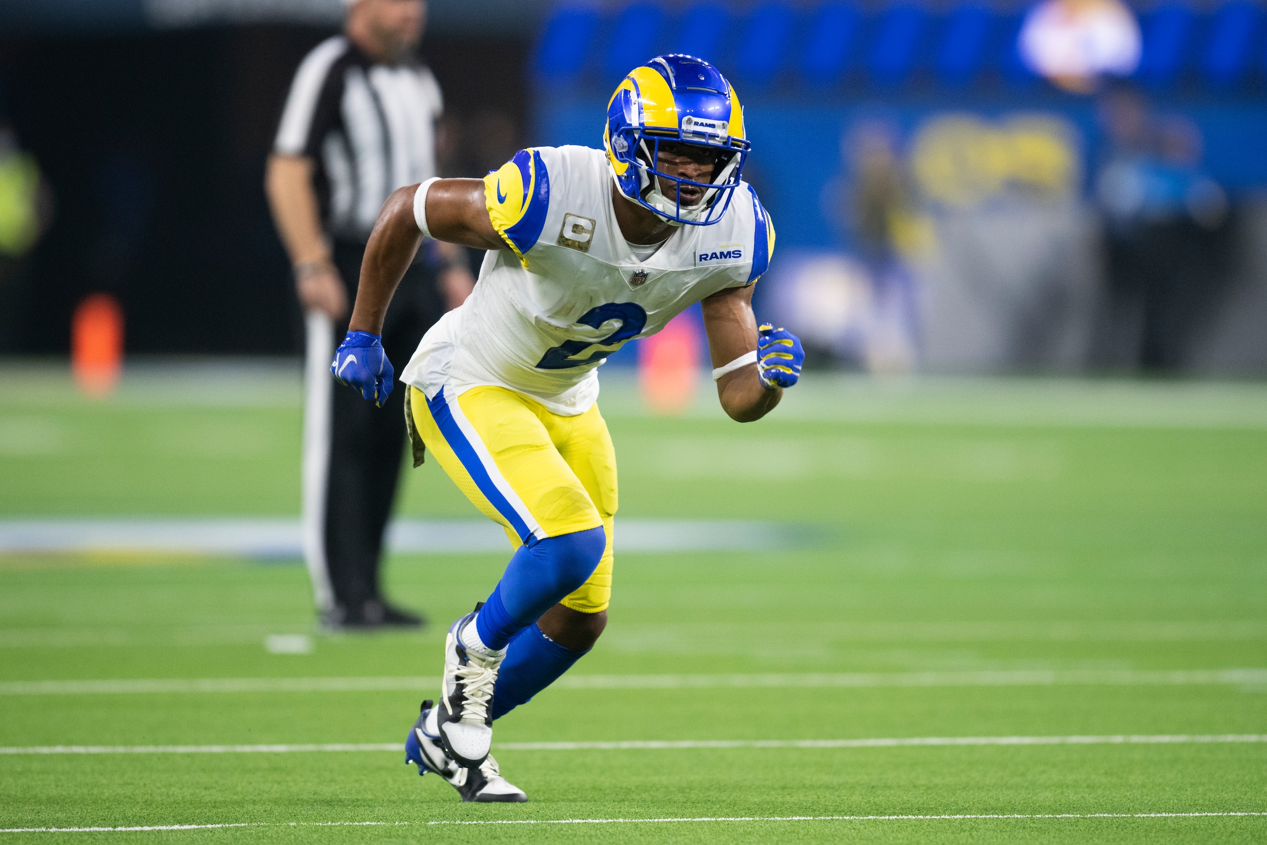 Los Angeles Rams wide receiver Robert Woods (2) runs during an NFL football game against the Tennessee Titans Sunday, Nov. 7, 2021, in Inglewood, Calif. (AP Photo/Kyusung Gong)